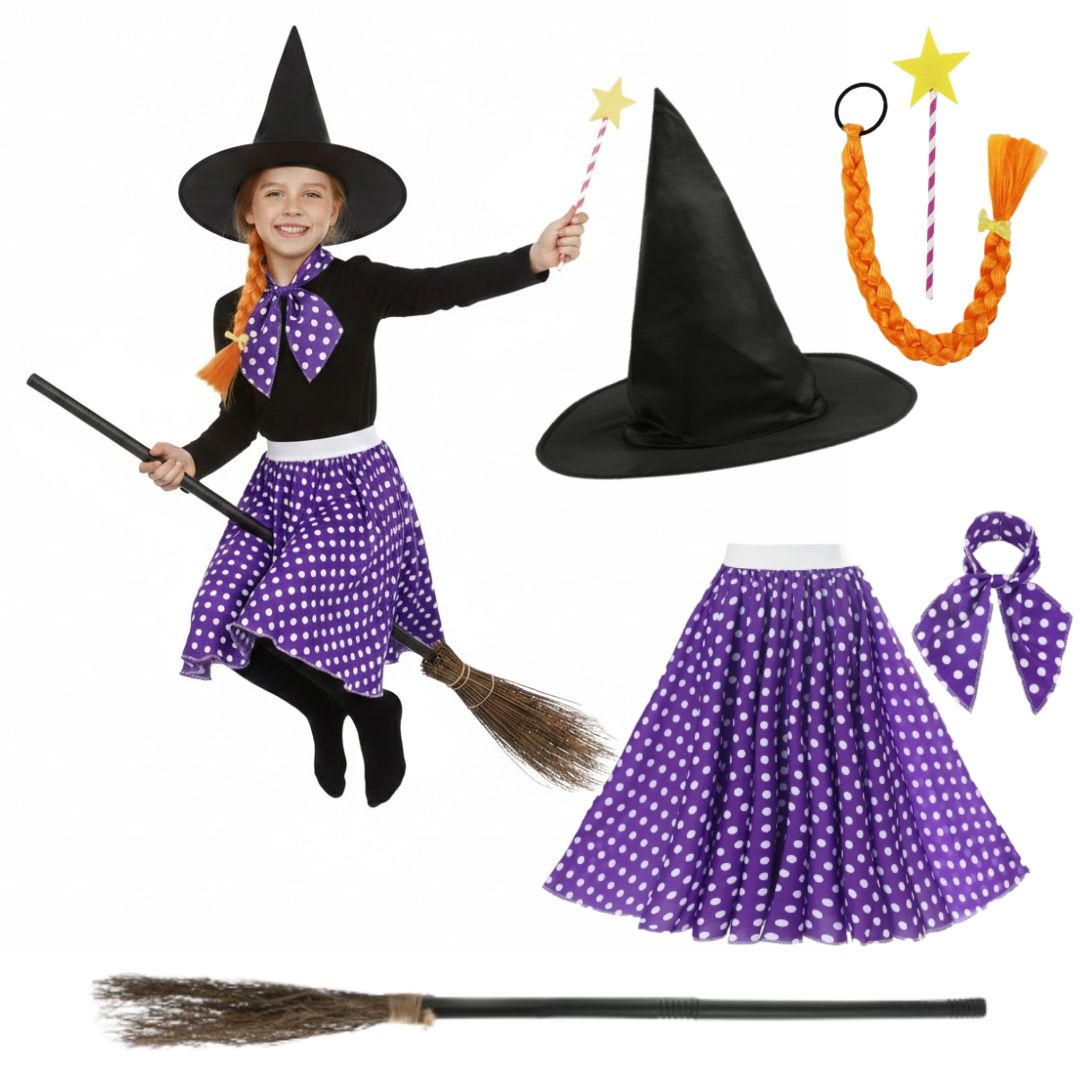 Child's Kind Witch Costume | 5 Pcs | Skirt, Hat, Broom, Plait & Wand