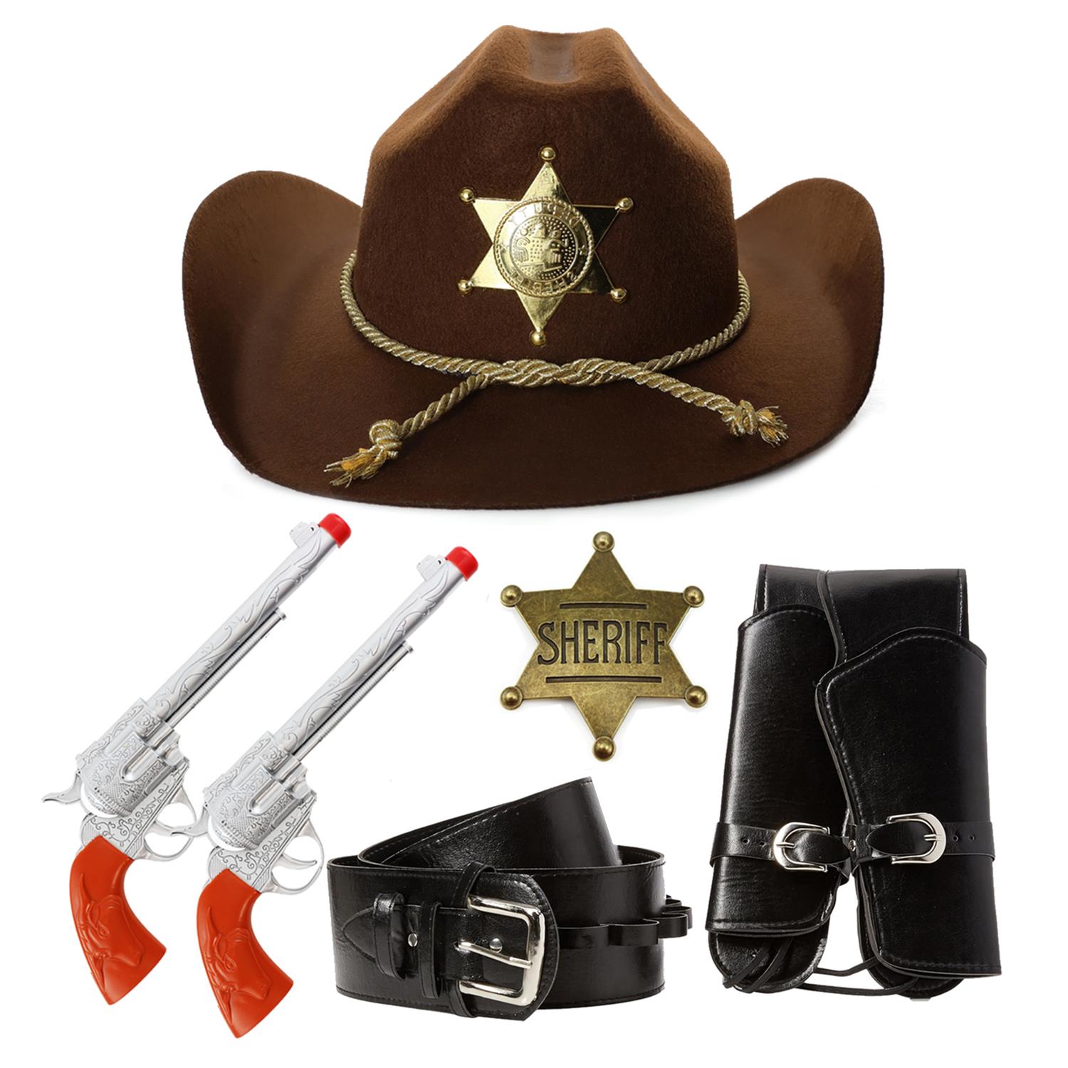Adults Sheriff Accessory Set | 4 Pcs | Brown Hat, Plastic Pistols, Gun Holster & Gold Badge