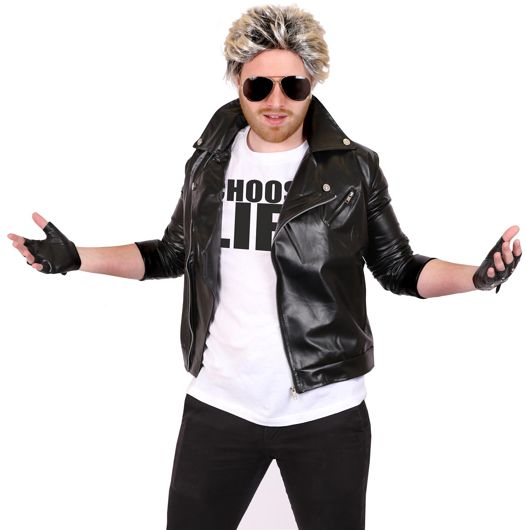 1980's Pop Star Costume Set - Slogan T-shirt, Leather Jacket & Wig