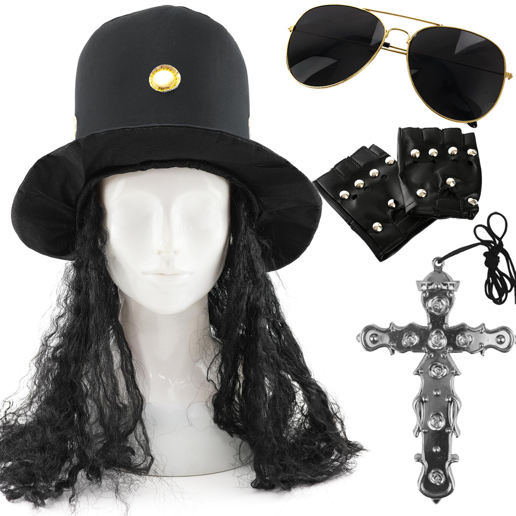 Adults Guitar Hero Costume Set – Rock Star Hat, Cross Necklace, Gloves & Glasses