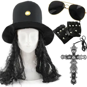 Adults Guitar Hero Costume Set – Rock Star Hat, Cross Necklace, Gloves & Glasses