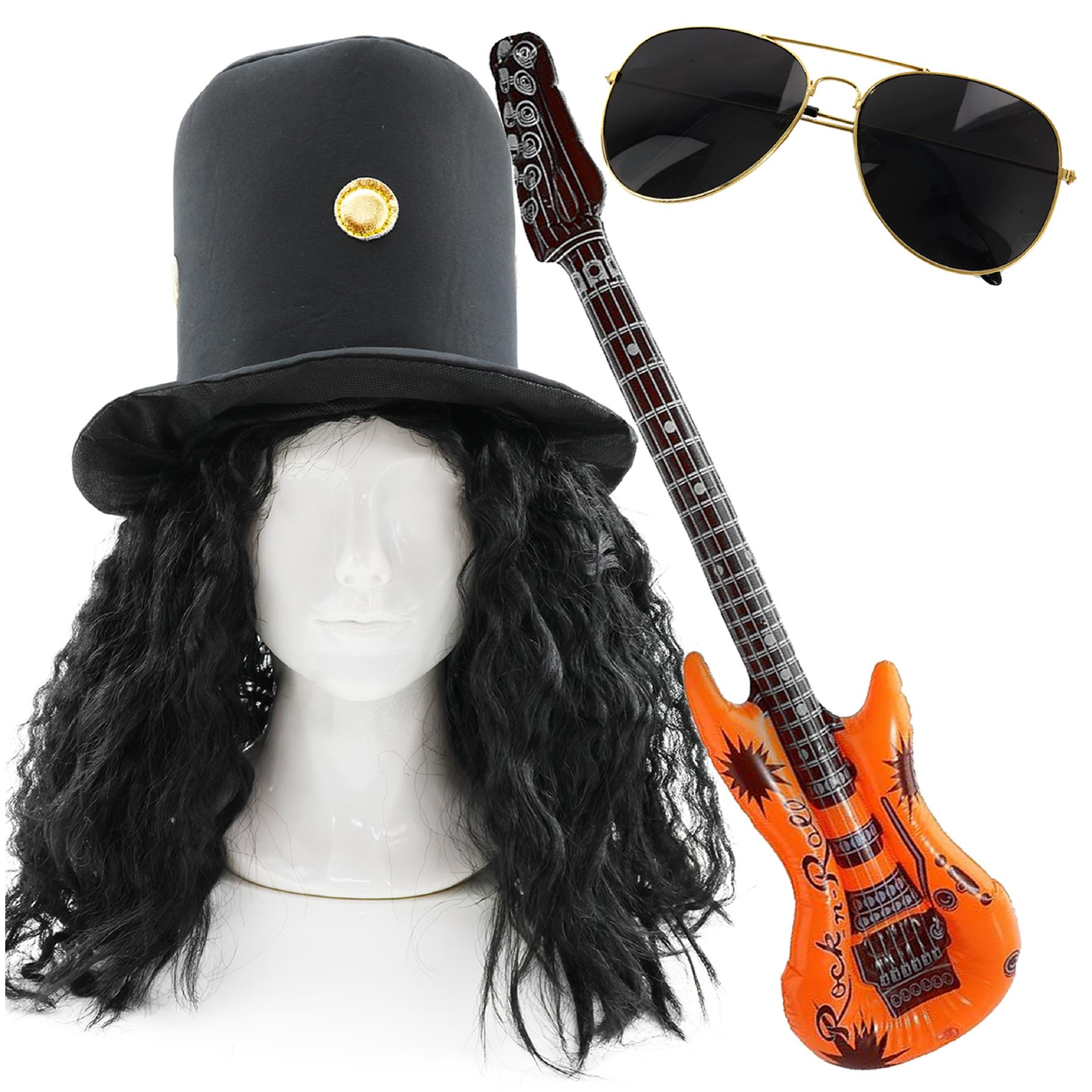 Deluxe Adults Guitar Hero Costume Set – Rock Star Hat, Glasses, Wig & Inflatable Guitar