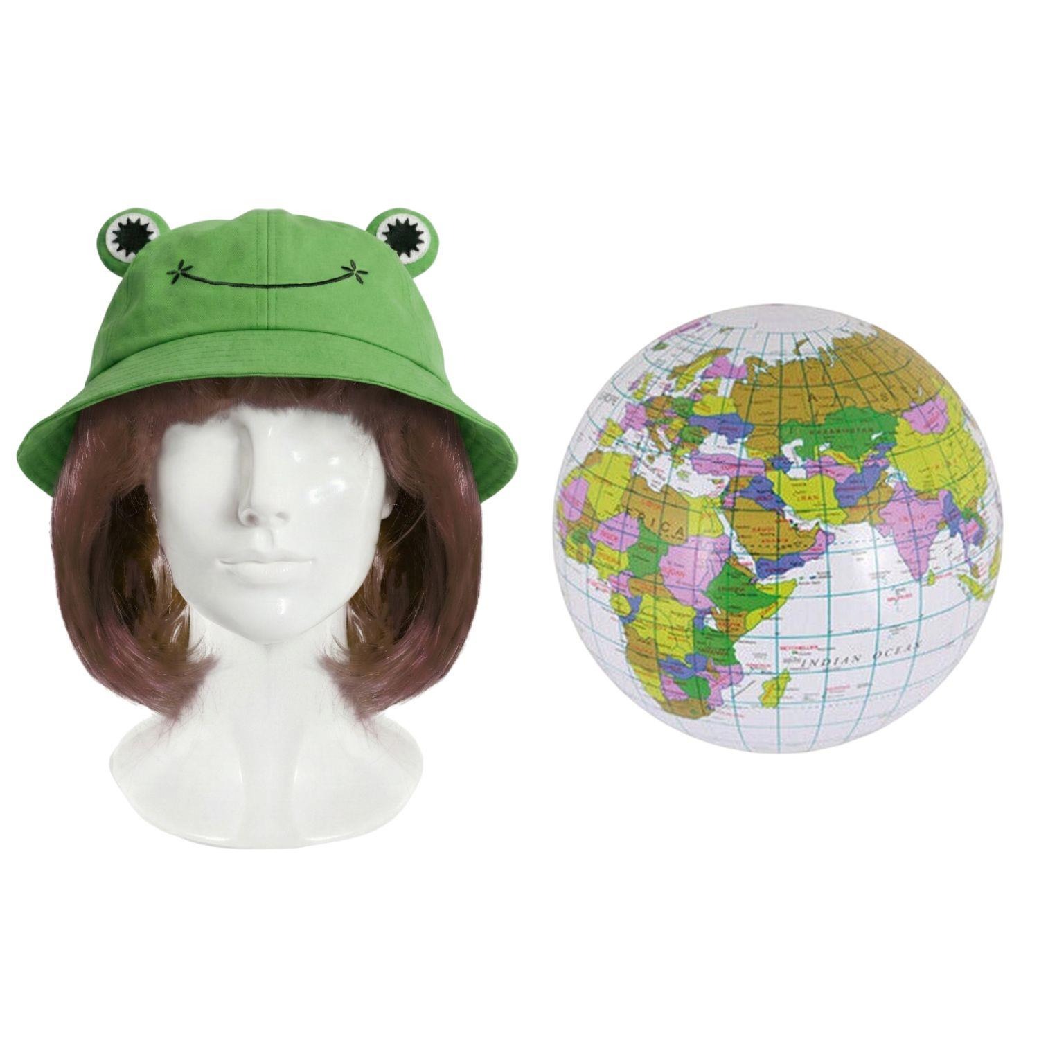 Ladies Greta Accessory Set | 3 Pcs | Frog Bucket Hat, Bob Wig & Inflatable Globe
