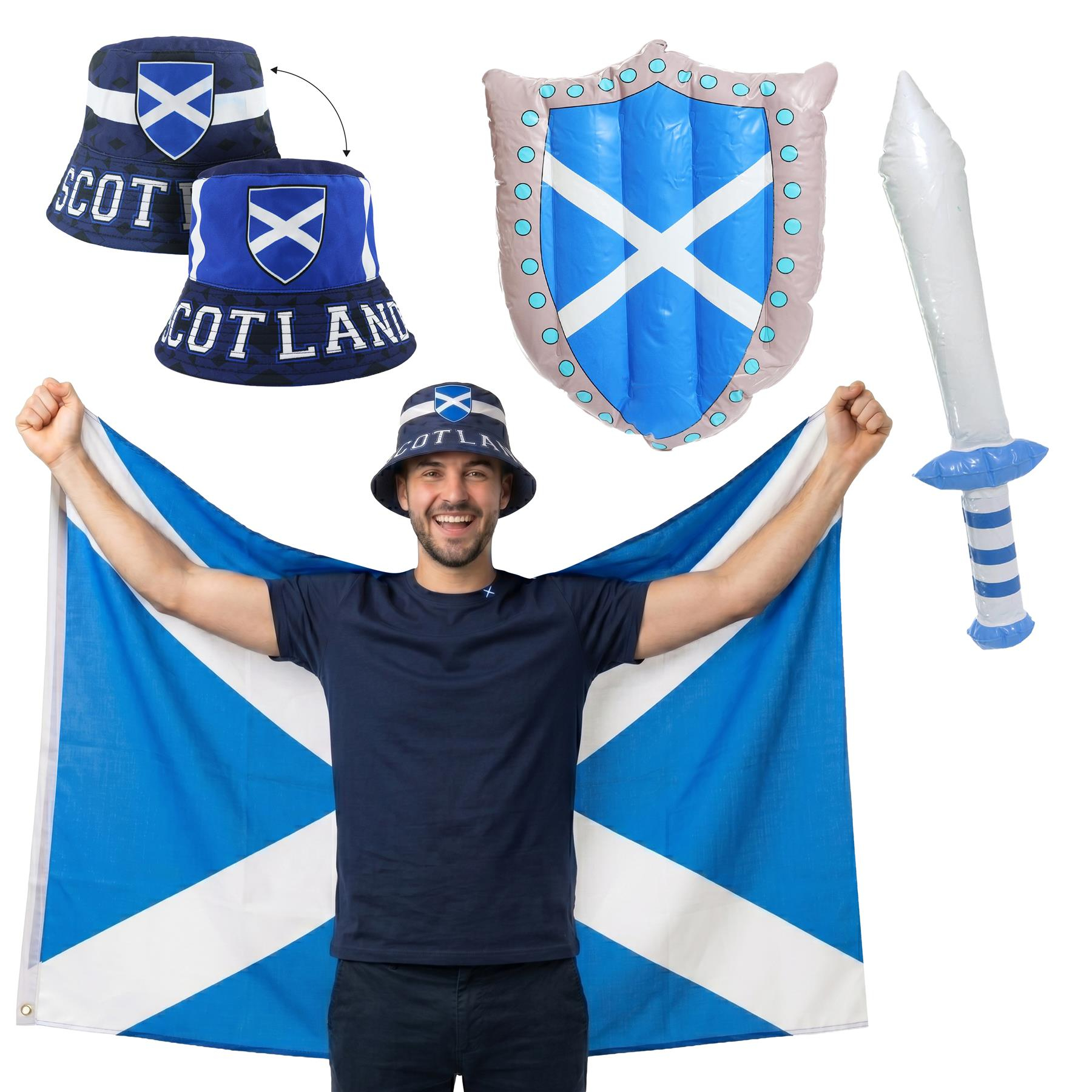 Scottish Supporter Set | 4 Pcs | Reversible Bucket Hat , Flag & Inflatable Sword & Shield