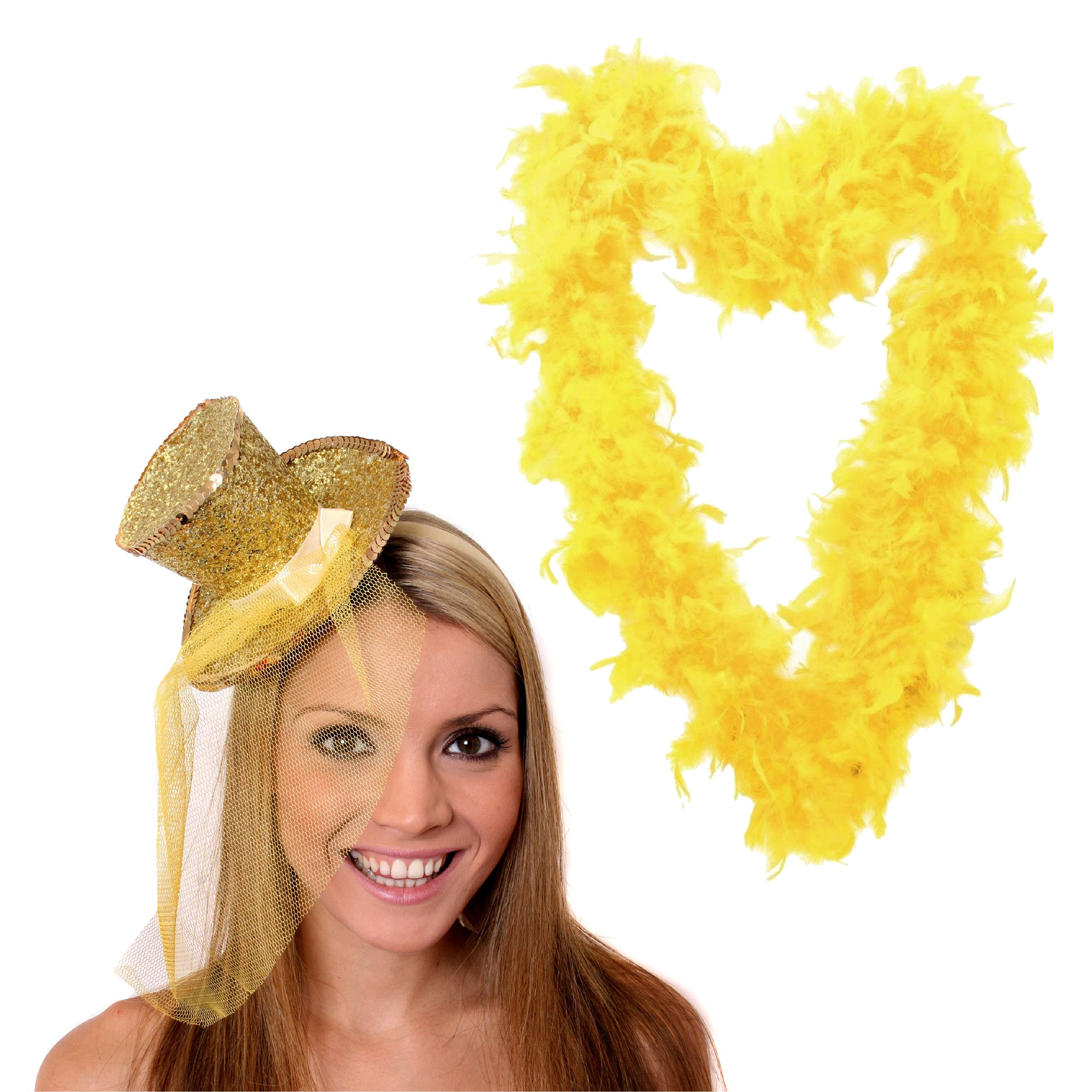 Gold Mini Glitter Fascinator Hat & Yellow Feather Boa