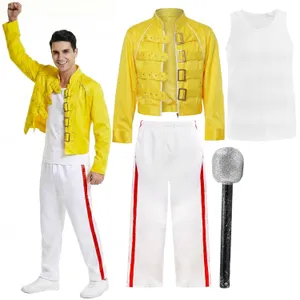 Adults 80's Rock Star Costume | 4 Pcs | Yellow Jacket, Vest, White Trousers & Mic