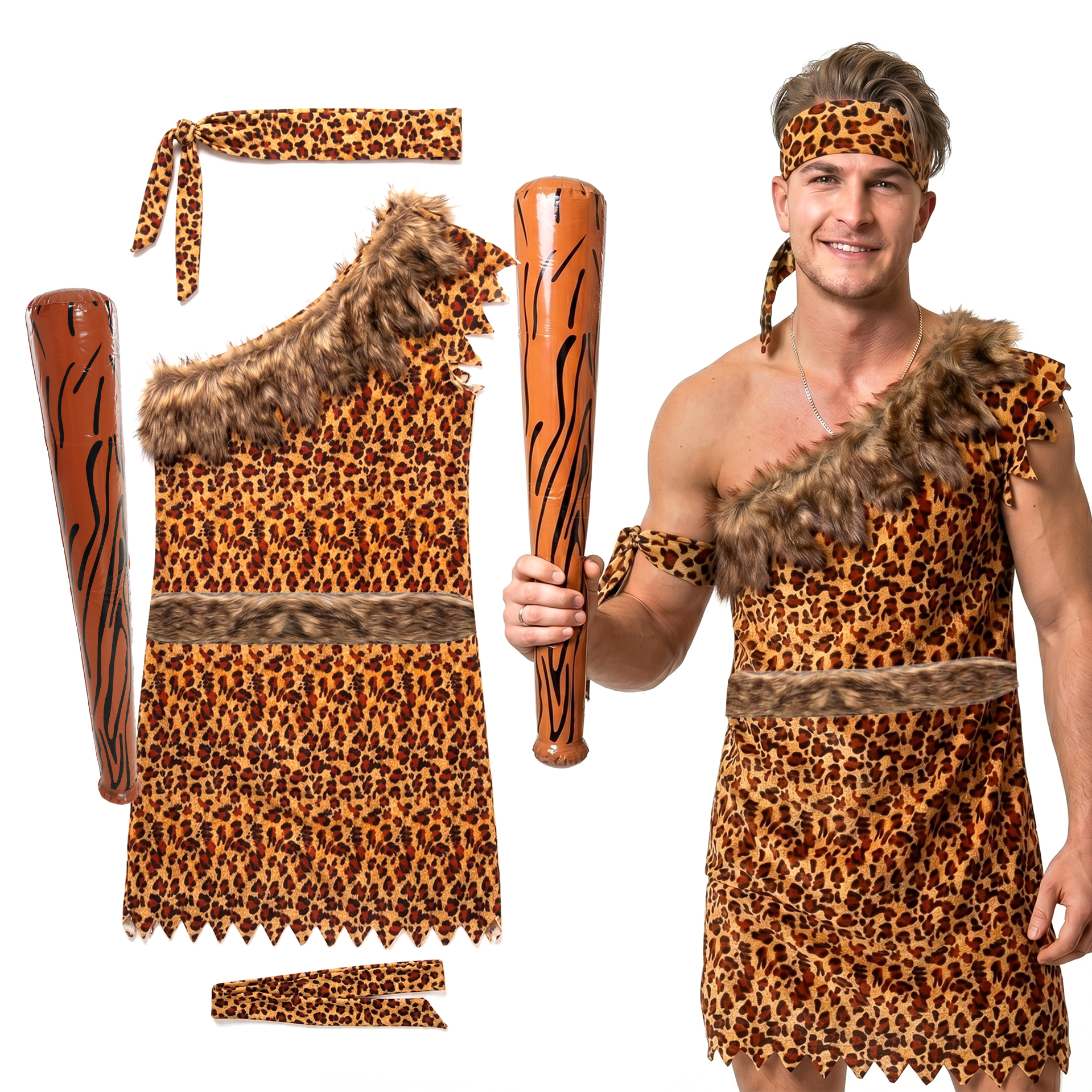 Mens Caveman Costume | 5 Pcs | Tunic, Belt, Headband, Armband & Inflatable Club