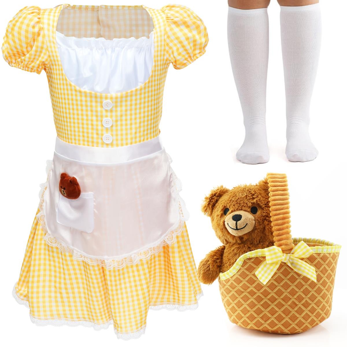 Girls Goldilocks Costume | 4 Pcs | Dress, Socks, Soft Basket & Bear