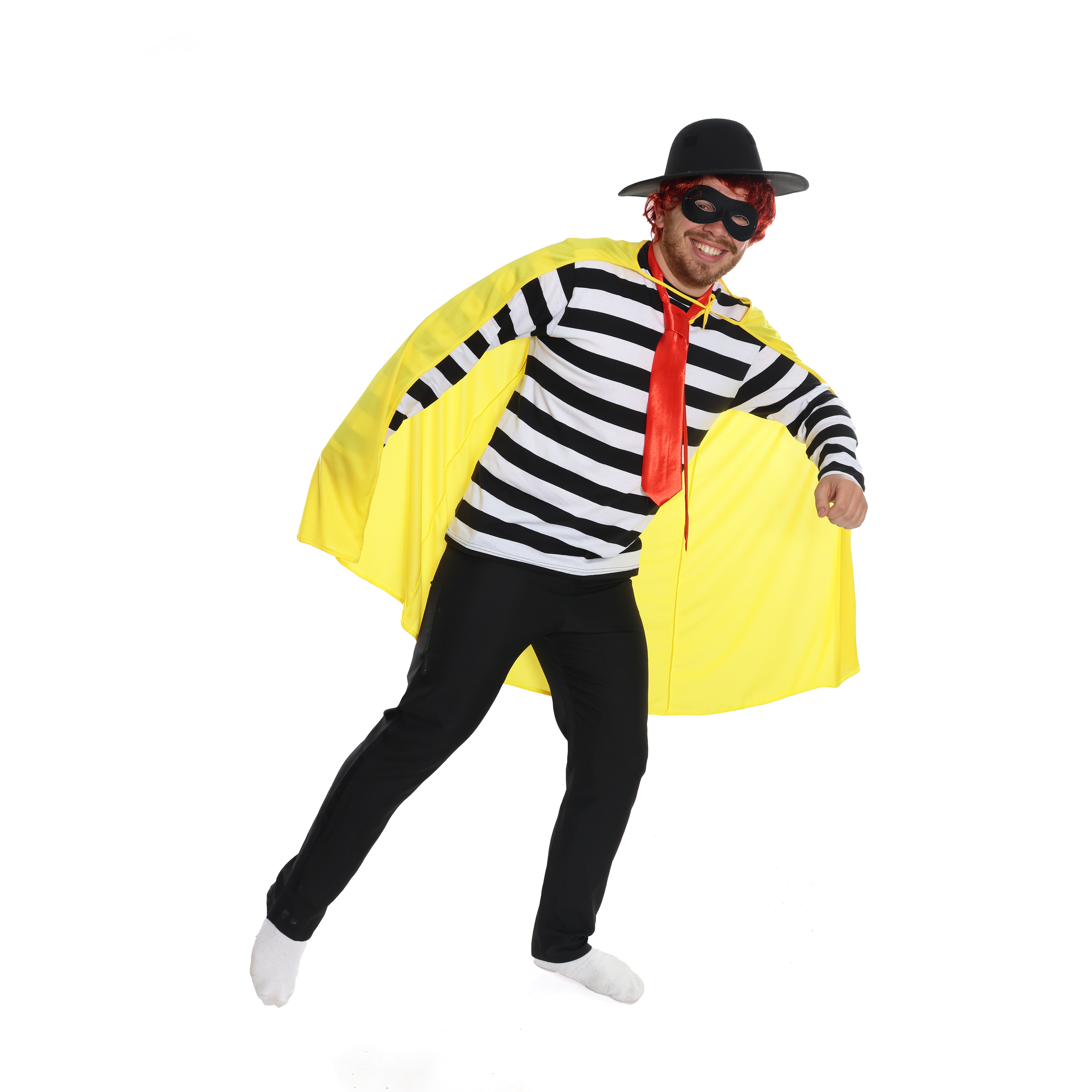 Adults Burger Burglar Costume | 6 Pcs | Striped Top, Eye Mask, Hat, Tie, Wig & Yellow Cape