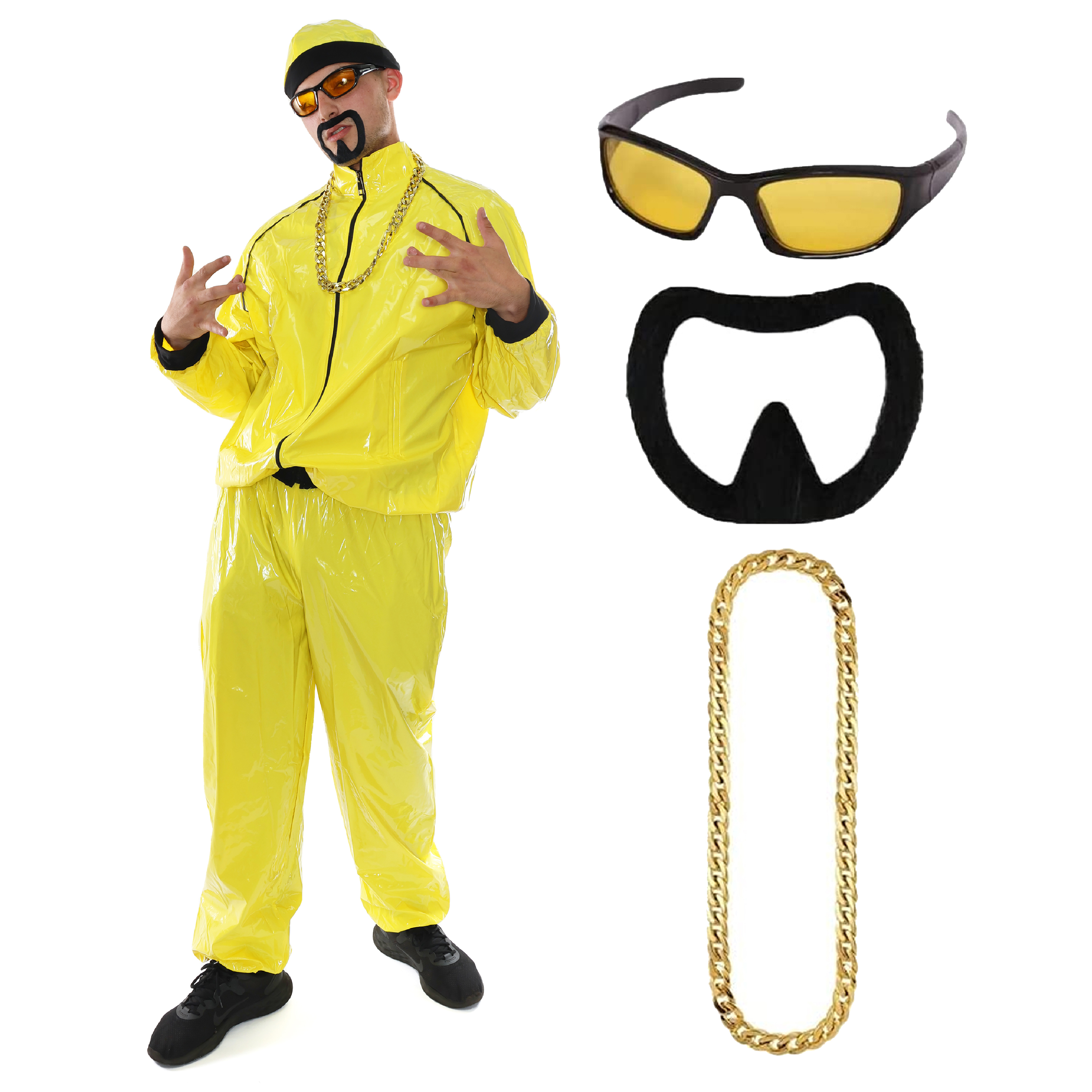 Adults Funny 90's Rapper Costume - Yellow Hat, Glasses, Goatee & Gold Chain
