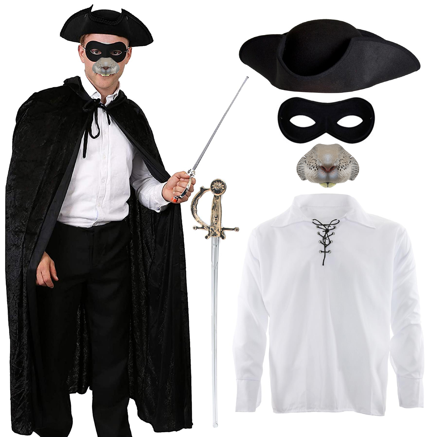 Adults Highway Man Costume | 6 Pcs | Shirt, Cape, Black Tricorn Hat, Nose, Mask, Sword