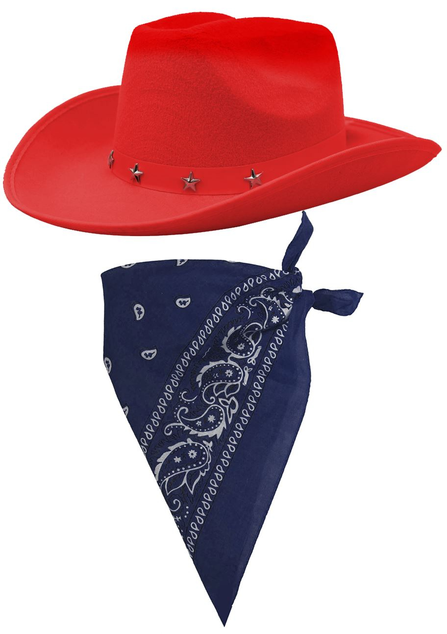 Red Star Studded Cowboy Hat & Paisley Navy Blue Bandana