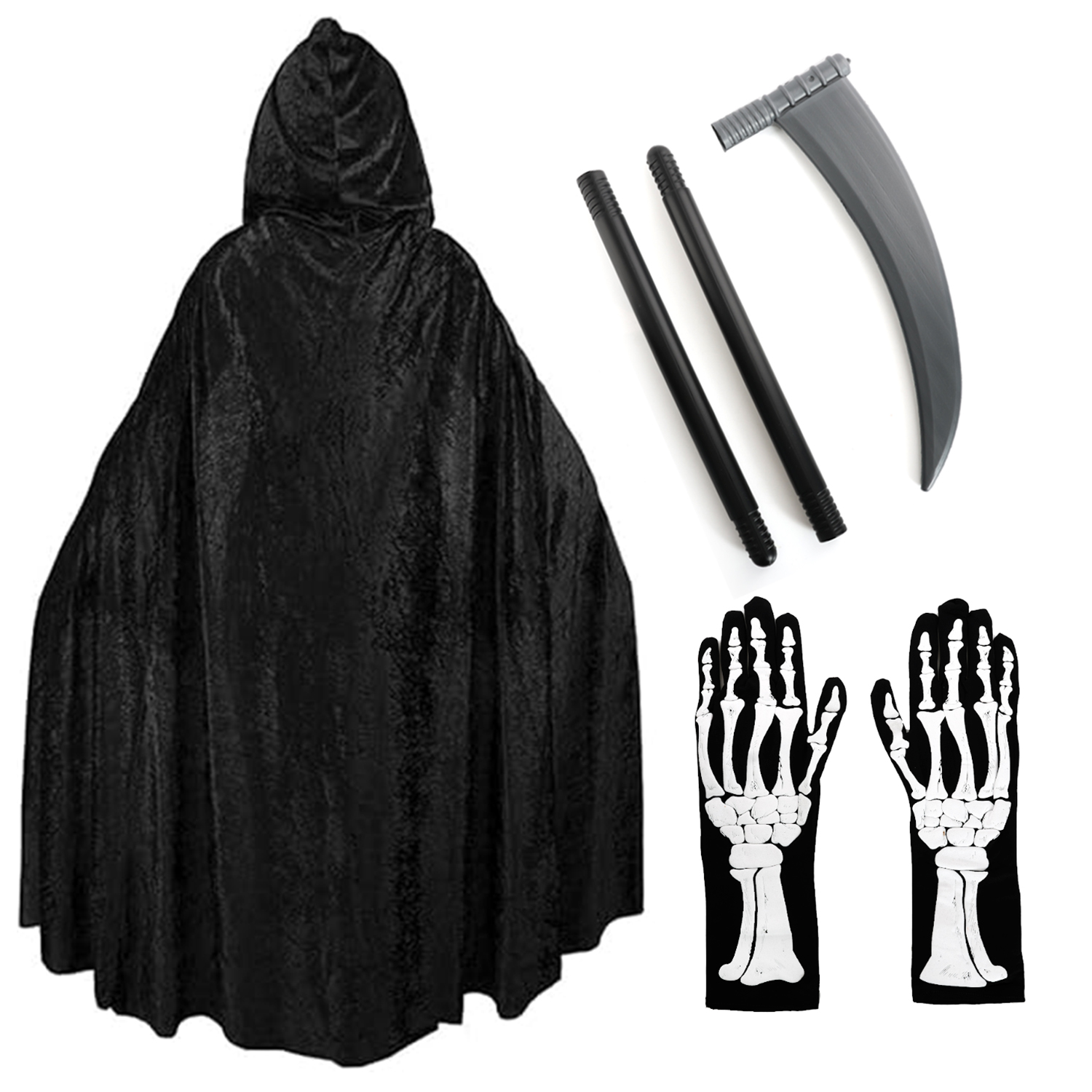 Skeleton Reaper Costume - Robe, Plastic Scythe & Gloves