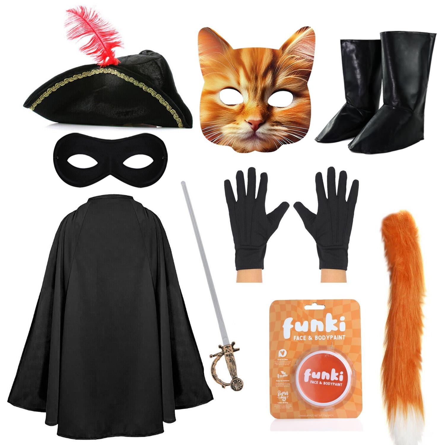 Child's Deluxe Cat Bandit Costume | 9 Pcs | Cape, Hat, Black Mask, Cat Mask, Gloves, Sword, Thin Tail, Boot Covers & Orange Face Paint