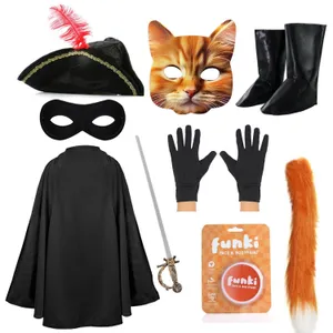 Child's Deluxe Cat Bandit Costume | 9 Pcs | Cape, Hat, Black Mask, Cat Mask, Gloves, Sword, Thin Tail, Boot Covers & Orange Face Paint