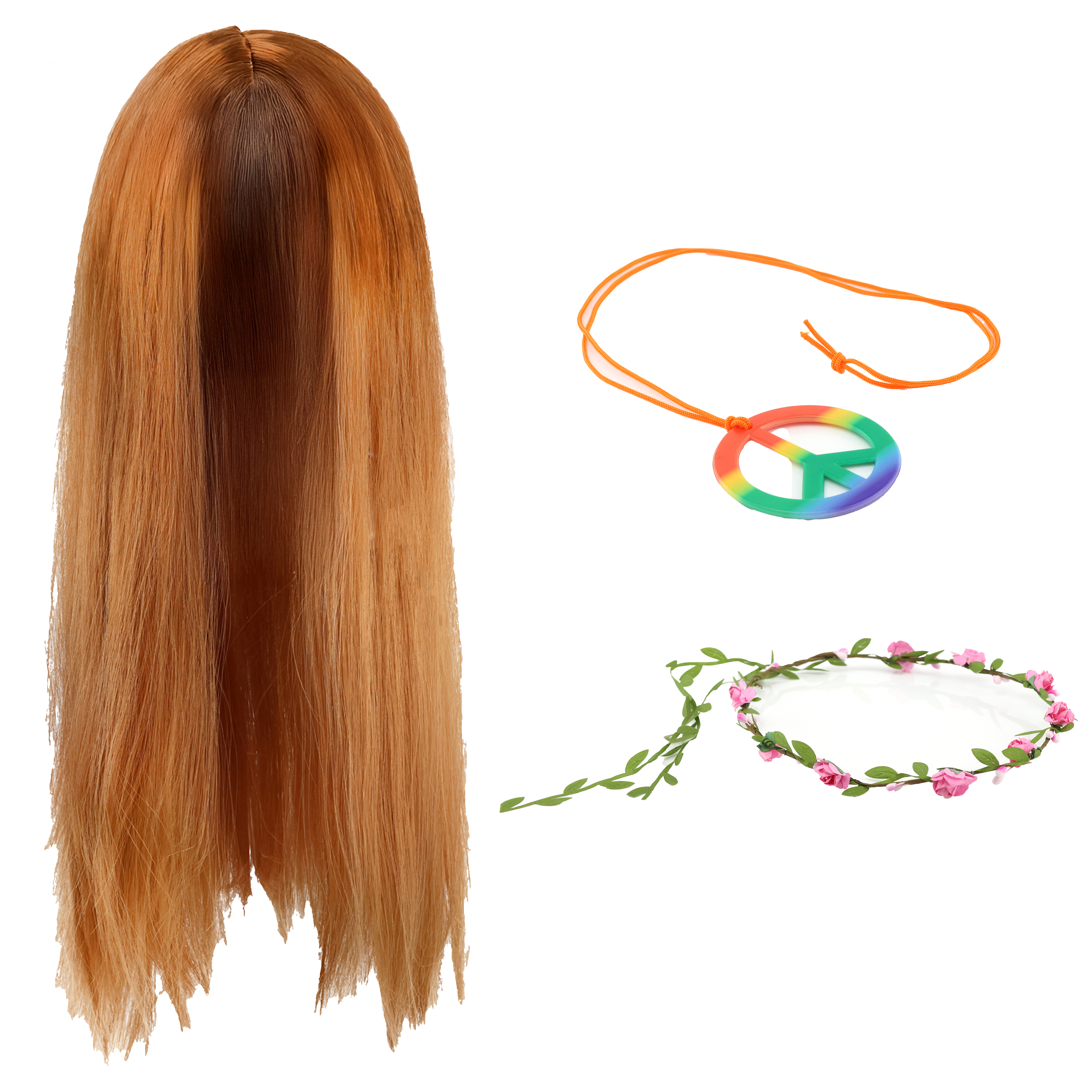 Hippy Accessory Set – Wig, Rainbow Peace Necklace & Pink Flower Headband