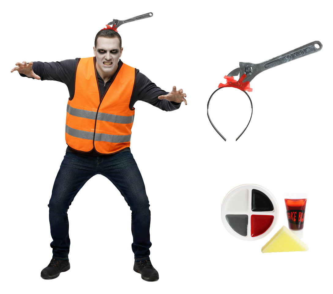 Adults Zombie Builder Costume | 3 Pcs | Orange Hi-Vis Vest, Spanner Headband & Face Paint
