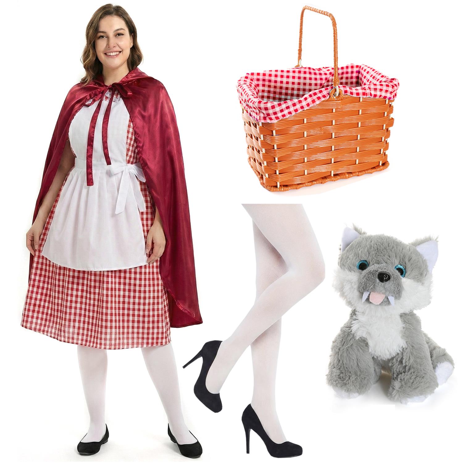 Ladies Little Red Riding Hood Costume | 6 Pcs | Dress, Apron, Cape, Tights, Basket & Wolf