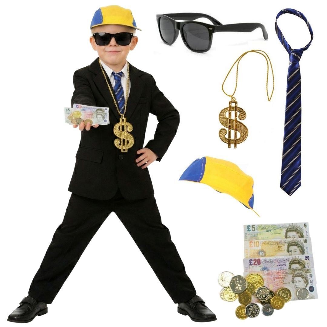 Kids Rich Boy Costume | 6 Pcs | Suit, Tie, Hat, Glasses, Necklace & Fake Money