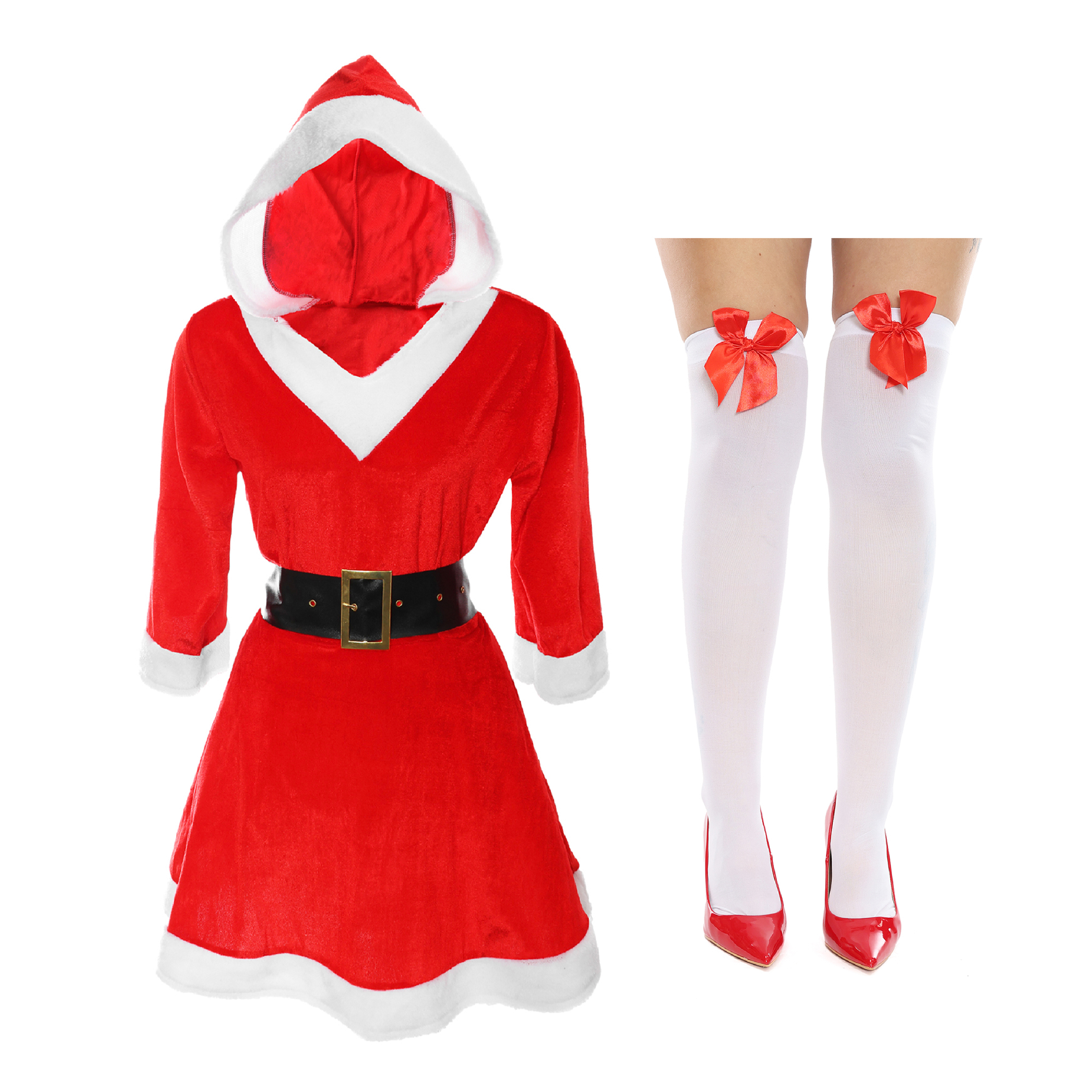 Ladies Hooded Miss Santa Dress with White Stockings