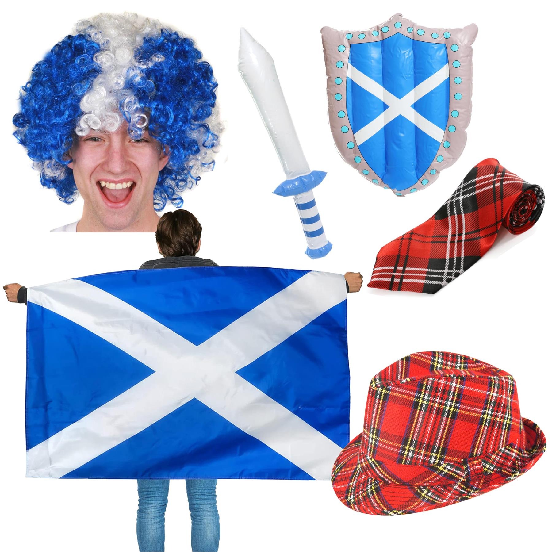 Adults Scottish Accessory Set | 6 Pcs | Hat, Wig, Flag Cape, Tie, Inflatable Sword & Sheild