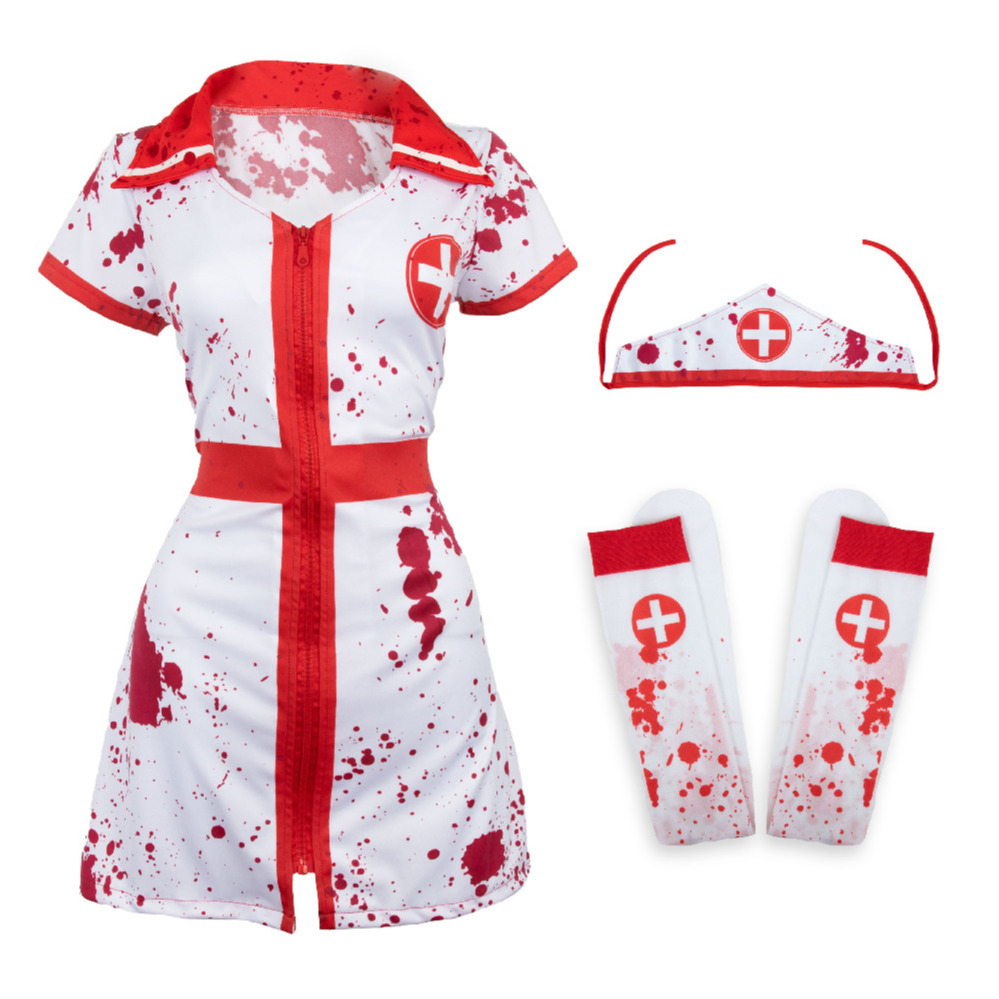 Ladies Bloody Nurse Costume | 3 Pcs | Dress, Headband & Stockings