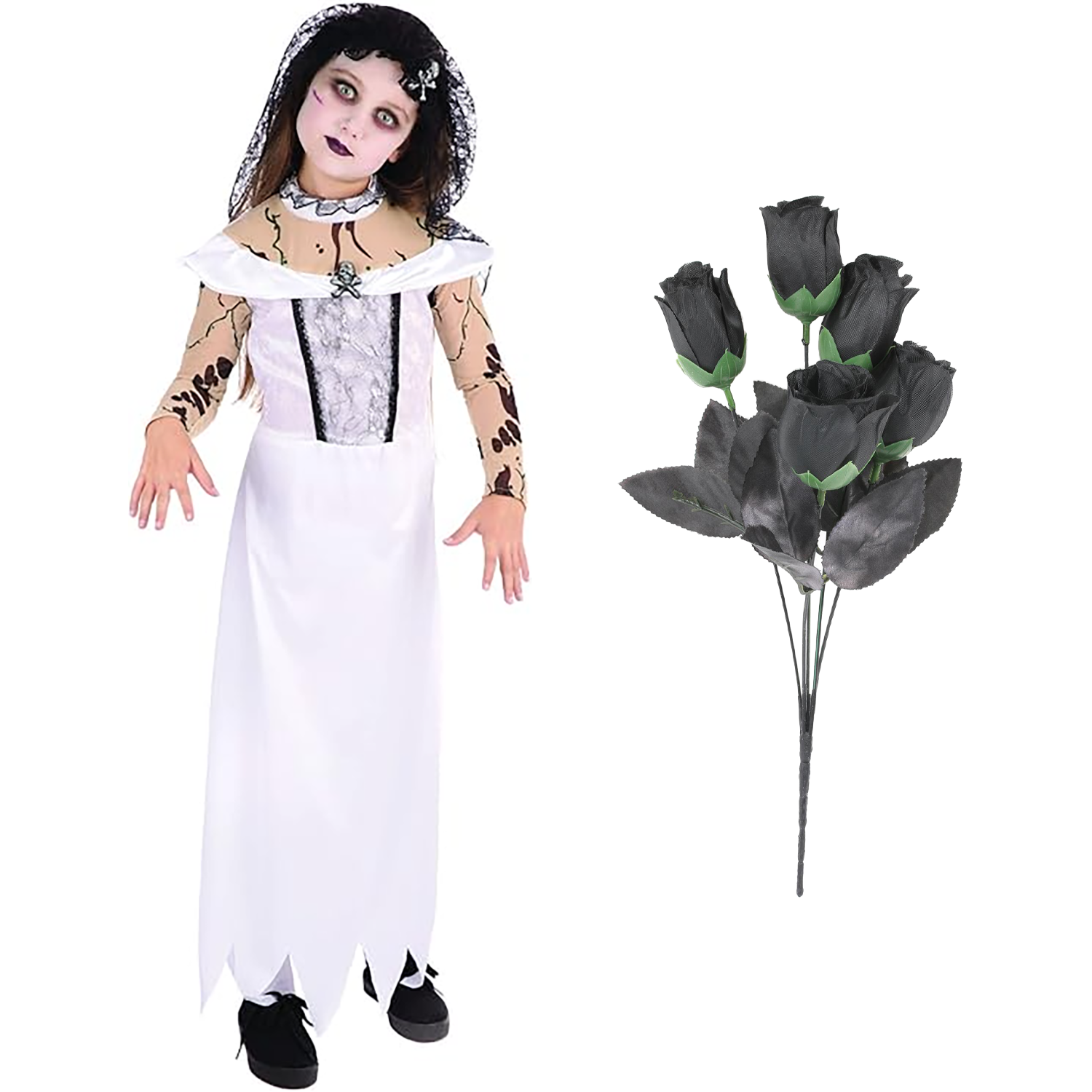 Girls Zombie Bride Costume with Flowers