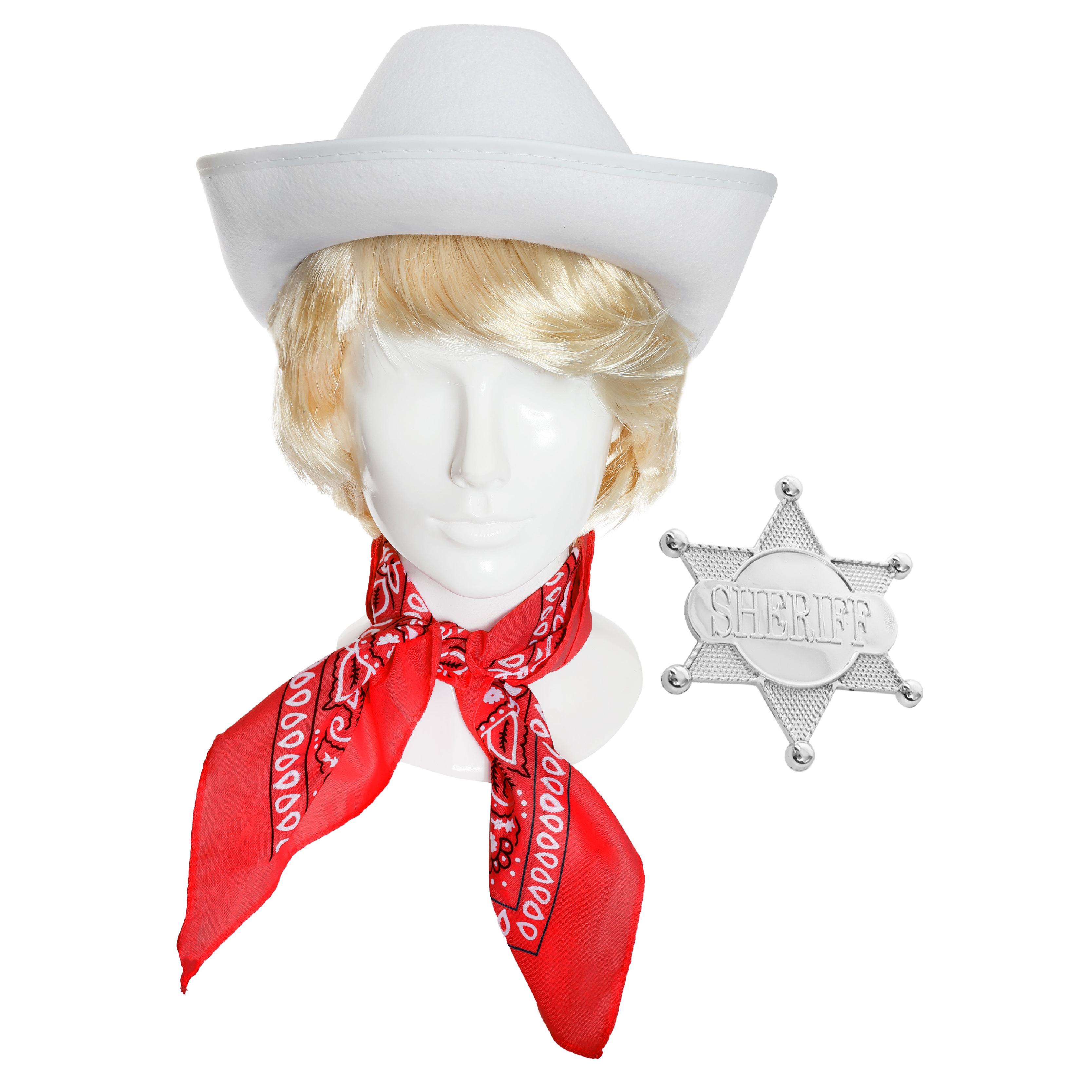 MilkyBar Kid Set - Blonde Wig, Cowboy Hat, Bandana & Badge