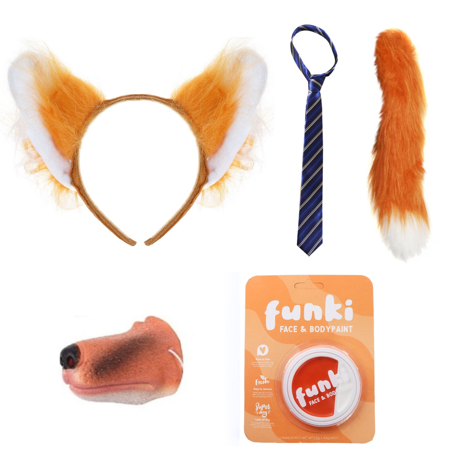 Nick Fox Costume | 5 Pcs | Ears, Tie, Thick Tail, Nose & Face Paint