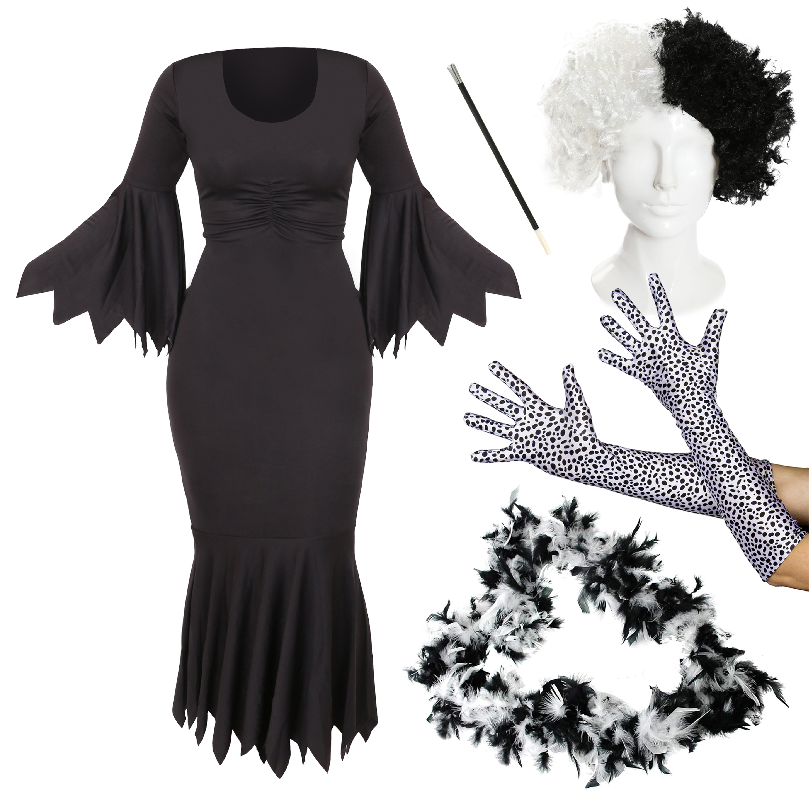 Adults Evil Dog Lady Costume - Shaggy Wig, Dalmatian Gloves, Feather Boa & Cig Holder