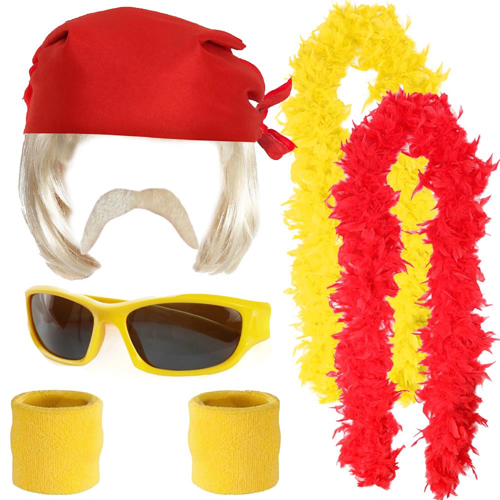 Deluxe Hulk Hogan Wrestling Costume Accessory Set – Bandana, Wig, Sunglasses, Moustache, Sweat Bands Yellow & Red Feather Boa
