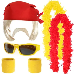 Deluxe Hulk Hogan Wrestling Costume Accessory Set – Bandana, Wig, Sunglasses, Moustache, Sweat Bands Yellow & Red Feather Boa