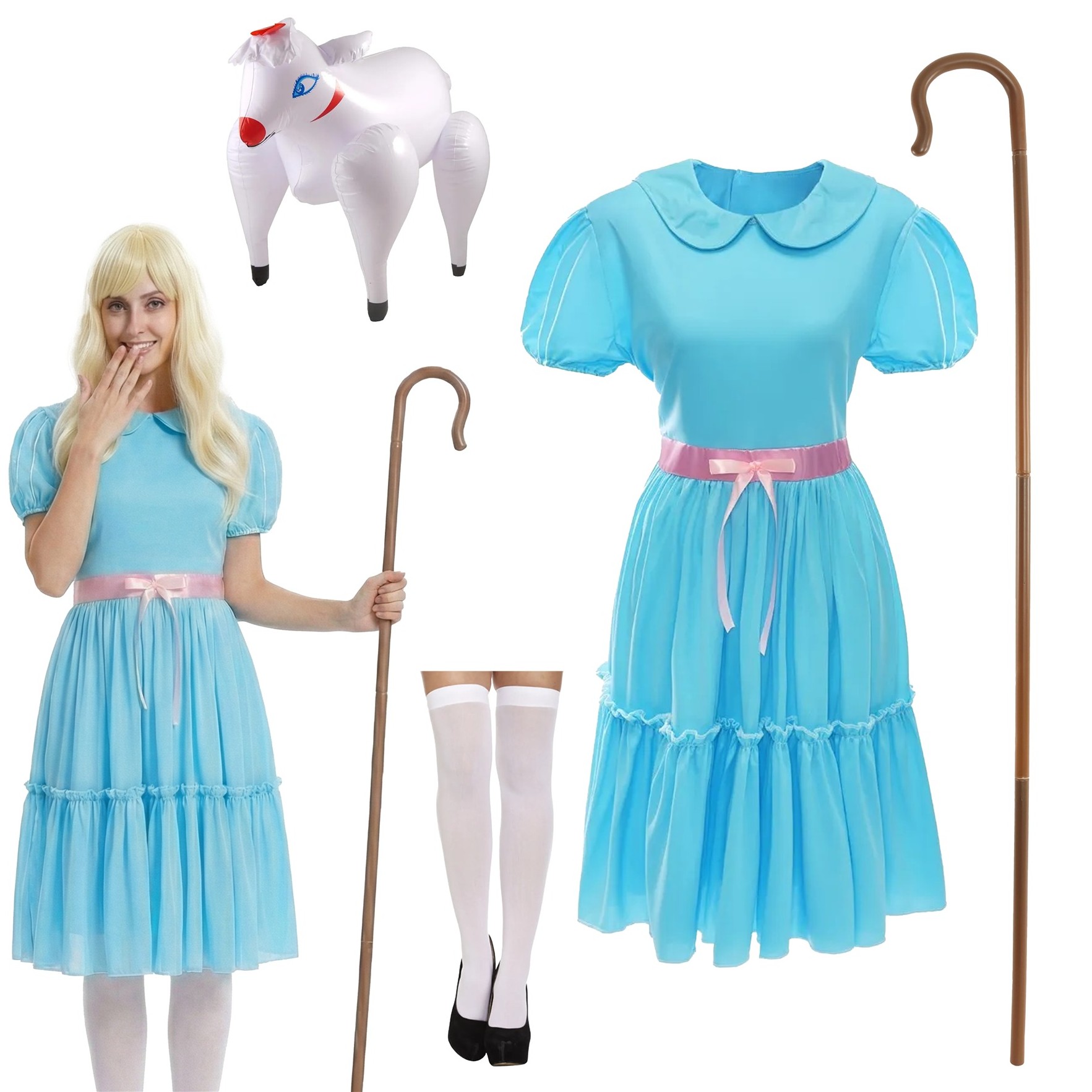 Ladies Little Bow Peep Costume | 4 Pcs | Dress, Stockings, Crook & Inflatable Sheep