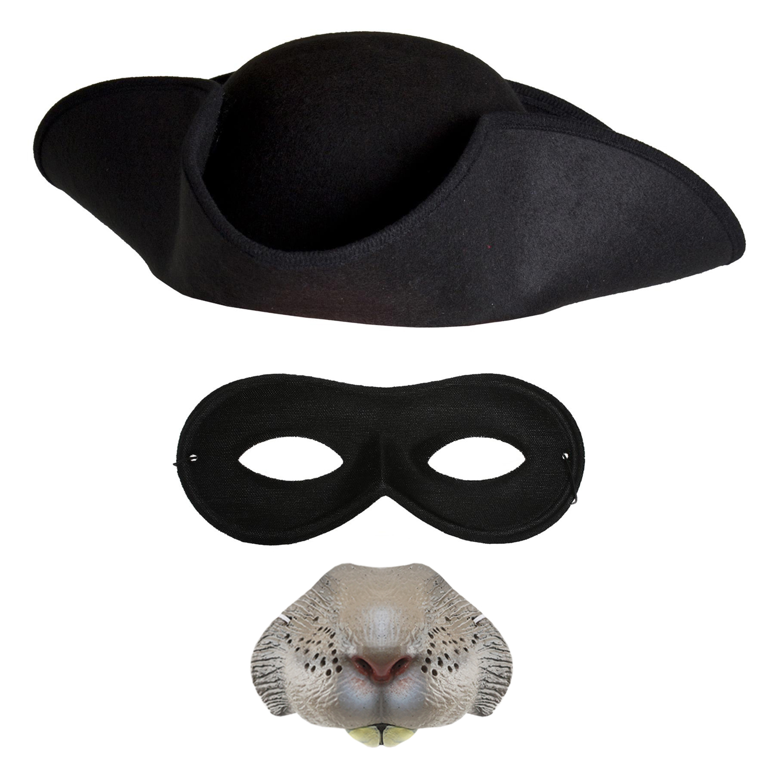 Adults Highway Rodent Accessory Set | 3 Pcs | Black Tricorn Hat, Nose & Mask
