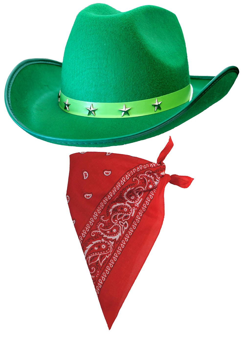 Green Star Studded Cowboy Hat & Paisley Red Bandana