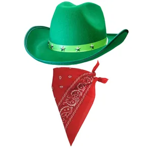 Green Star Studded Cowboy Hat & Paisley Red Bandana