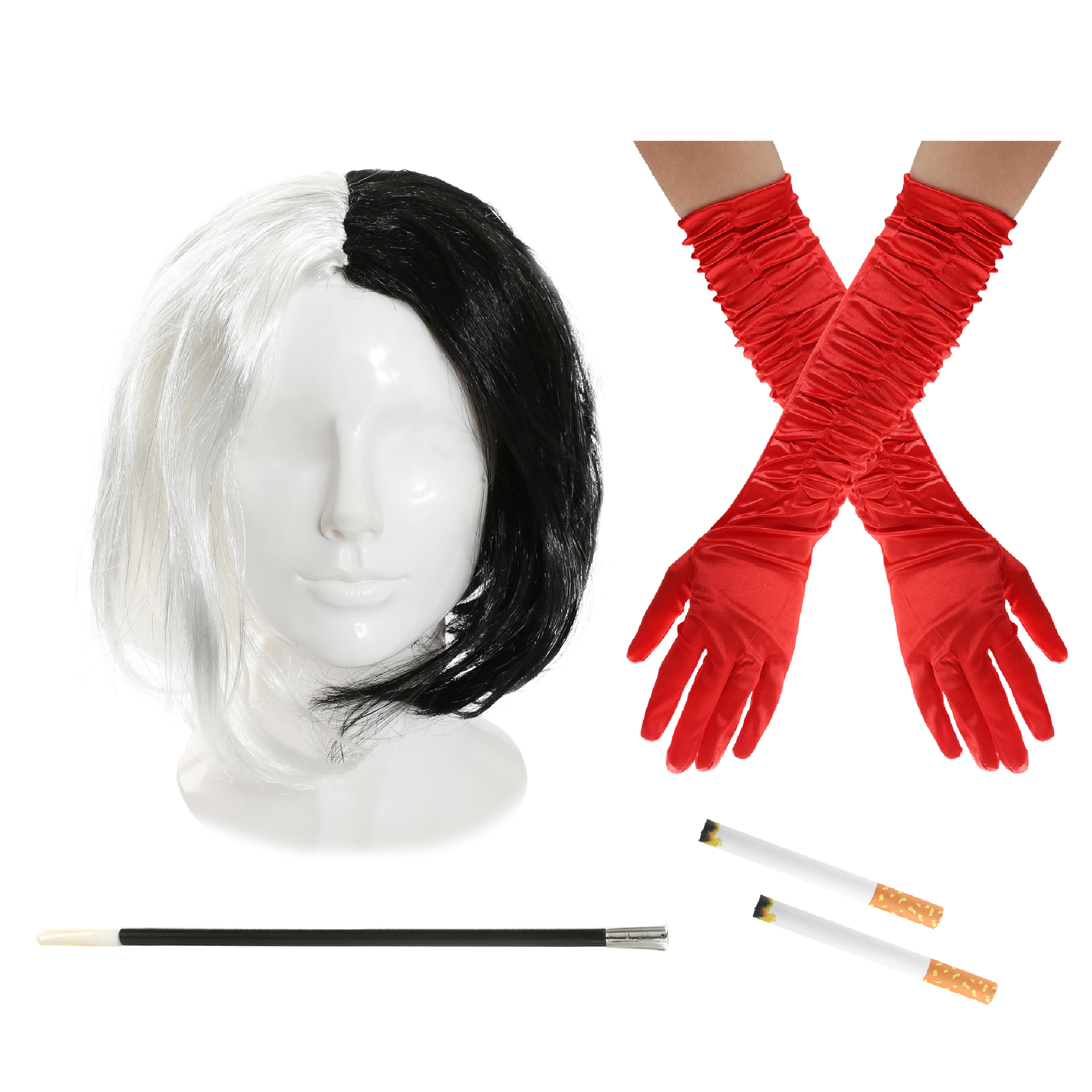 Evil Dog Lady Accessory Set - Bob Wig, Crinkle Red Gloves & Fake Cigarettes