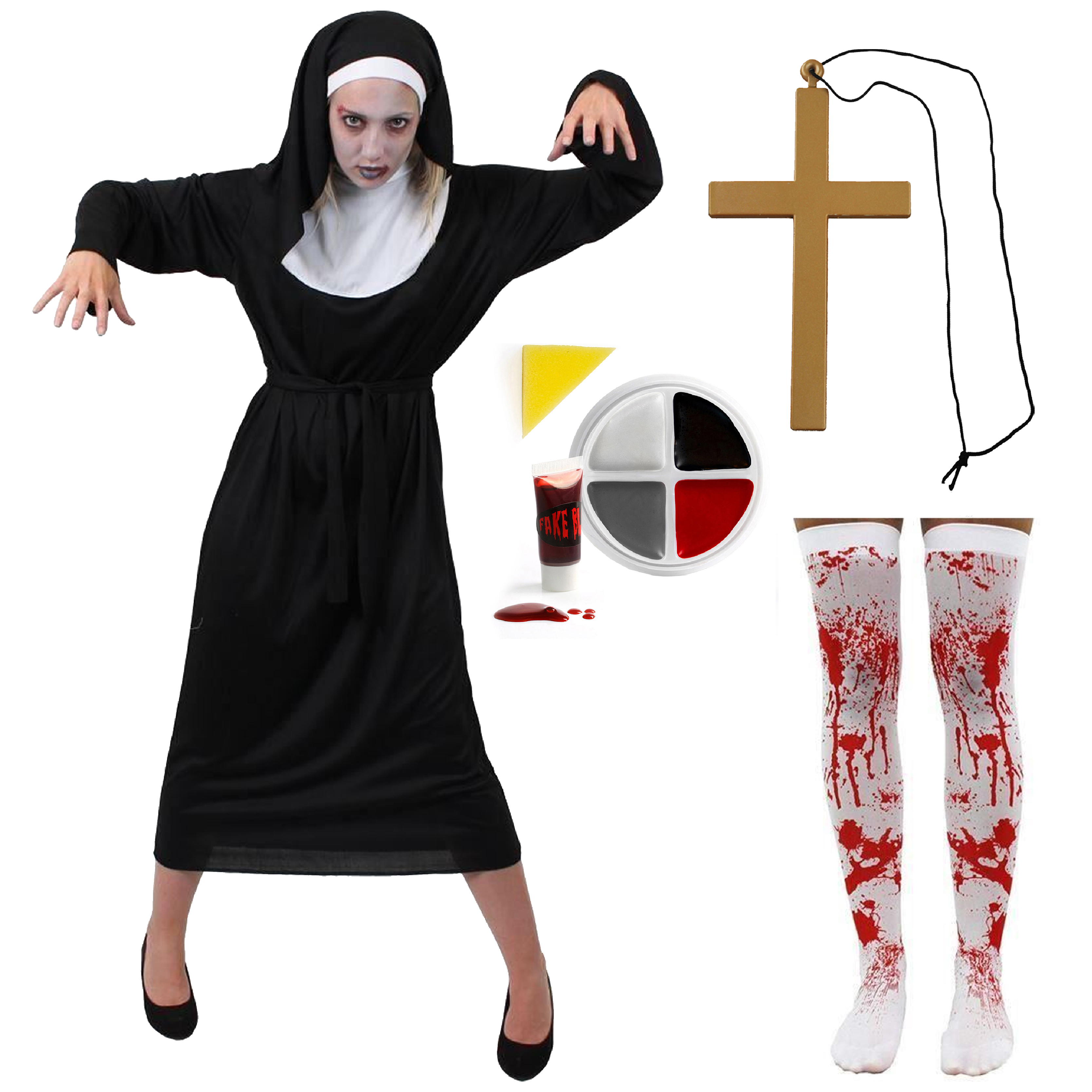 Ladies Nun Zombie Costume with Bloody Tights & Cross Necklace