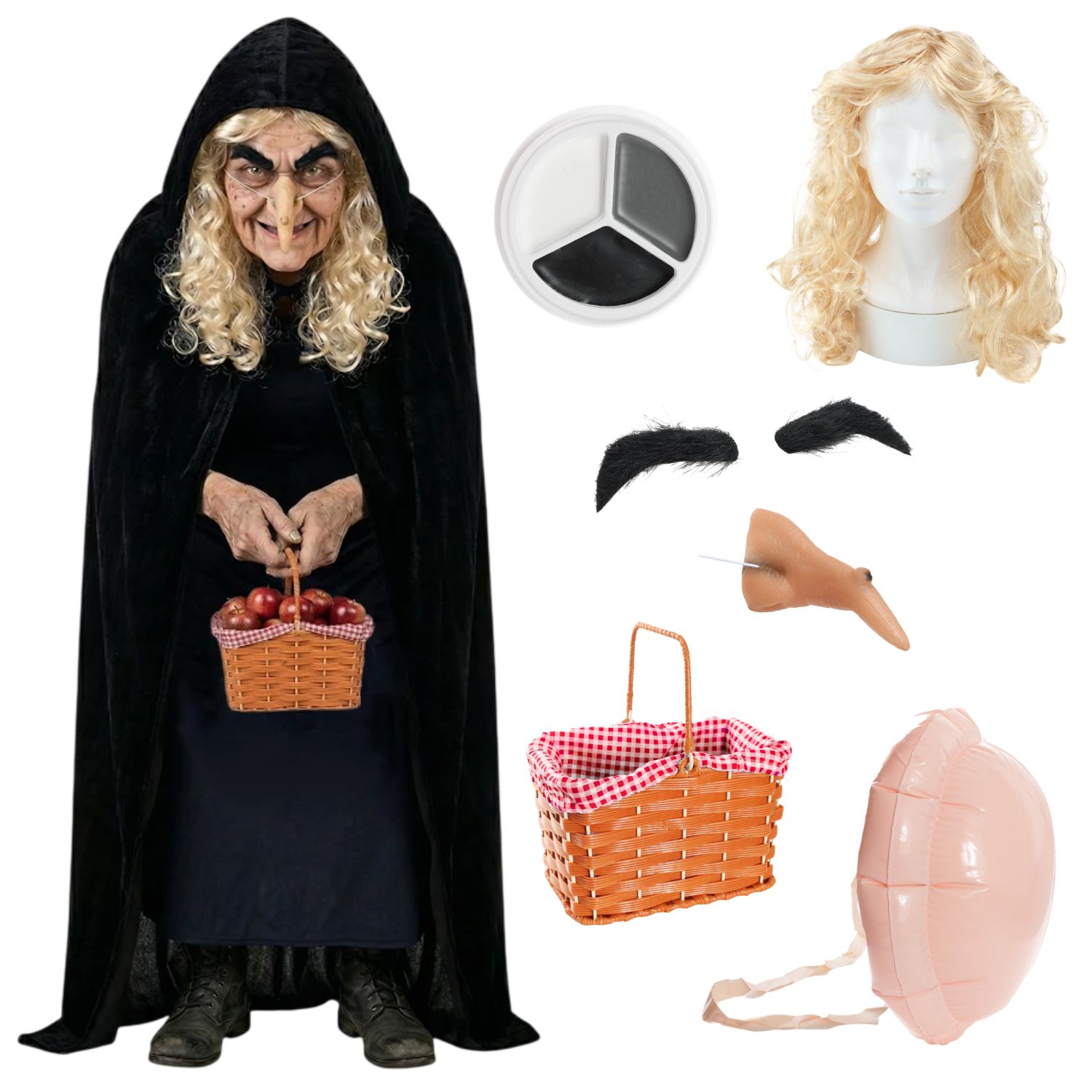 Adults Evil Apple Hag Costume | 7 Pcs | Cape, Wig, Eyebrows, Nose, Basket, Face Paint & Inflatable Back