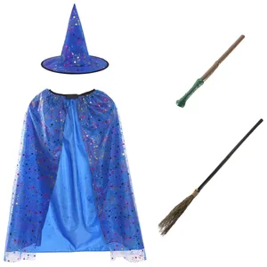 Girls Blue Witch Costume Set - Wand & Broom