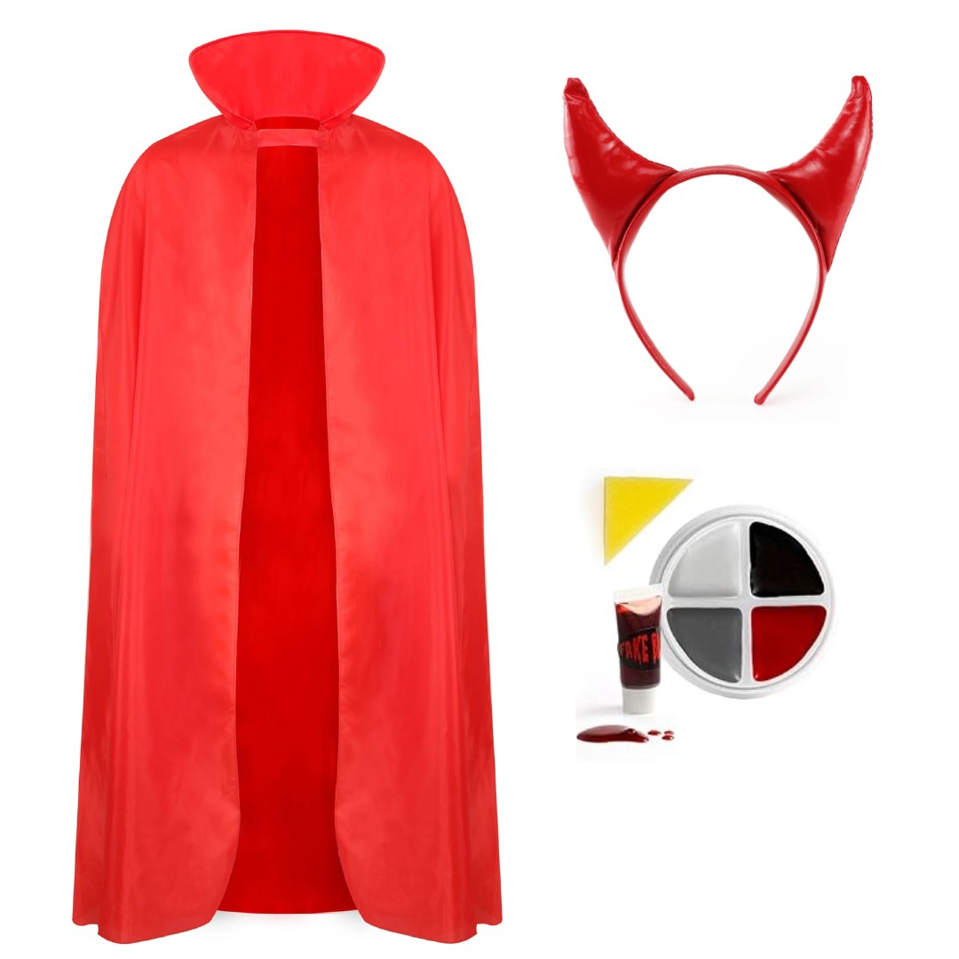 Adults Red Devil Costume | 3 Pcs | Cape, Headband & Face Paint