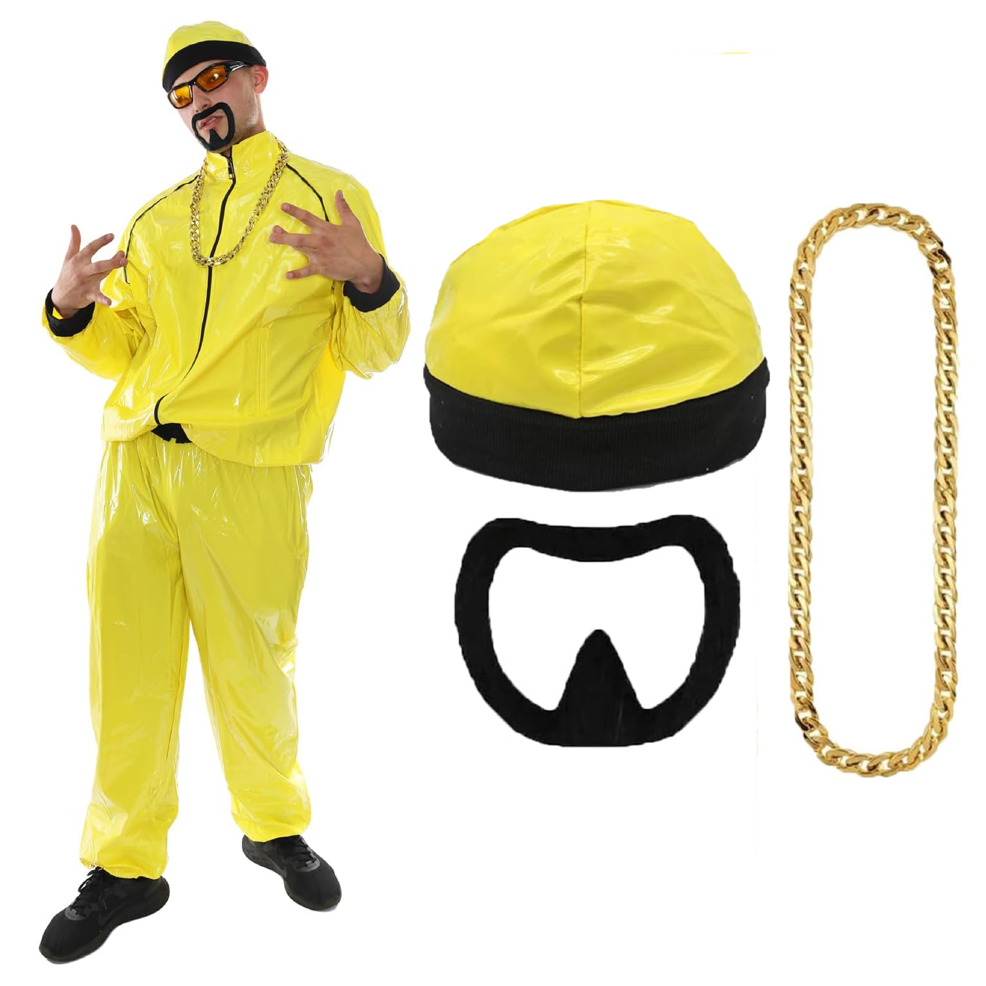 Adults Funny 90's Rapper Costume - Yellow Hat, Goatee & Gold Chain