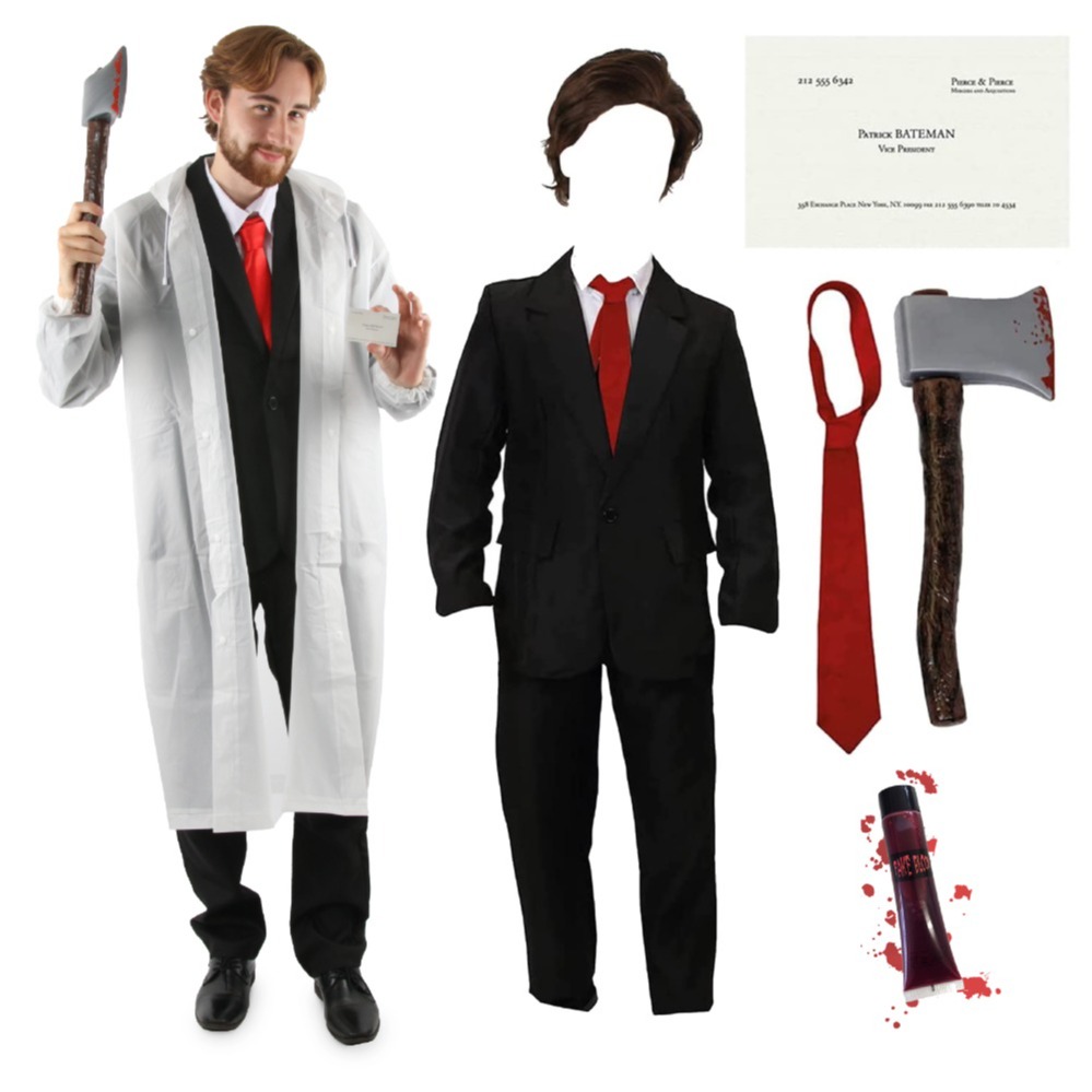 Adults Patrick Bateman Costume | 7 Pcs | Clear Jacket, Suit, Wig, Axe, Red Tie, Blood & Business Card