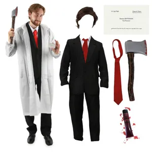 Adults Patrick Bateman Costume | 7 Pcs | Clear Jacket, Suit, Wig, Axe, Red Tie, Blood & Business Card