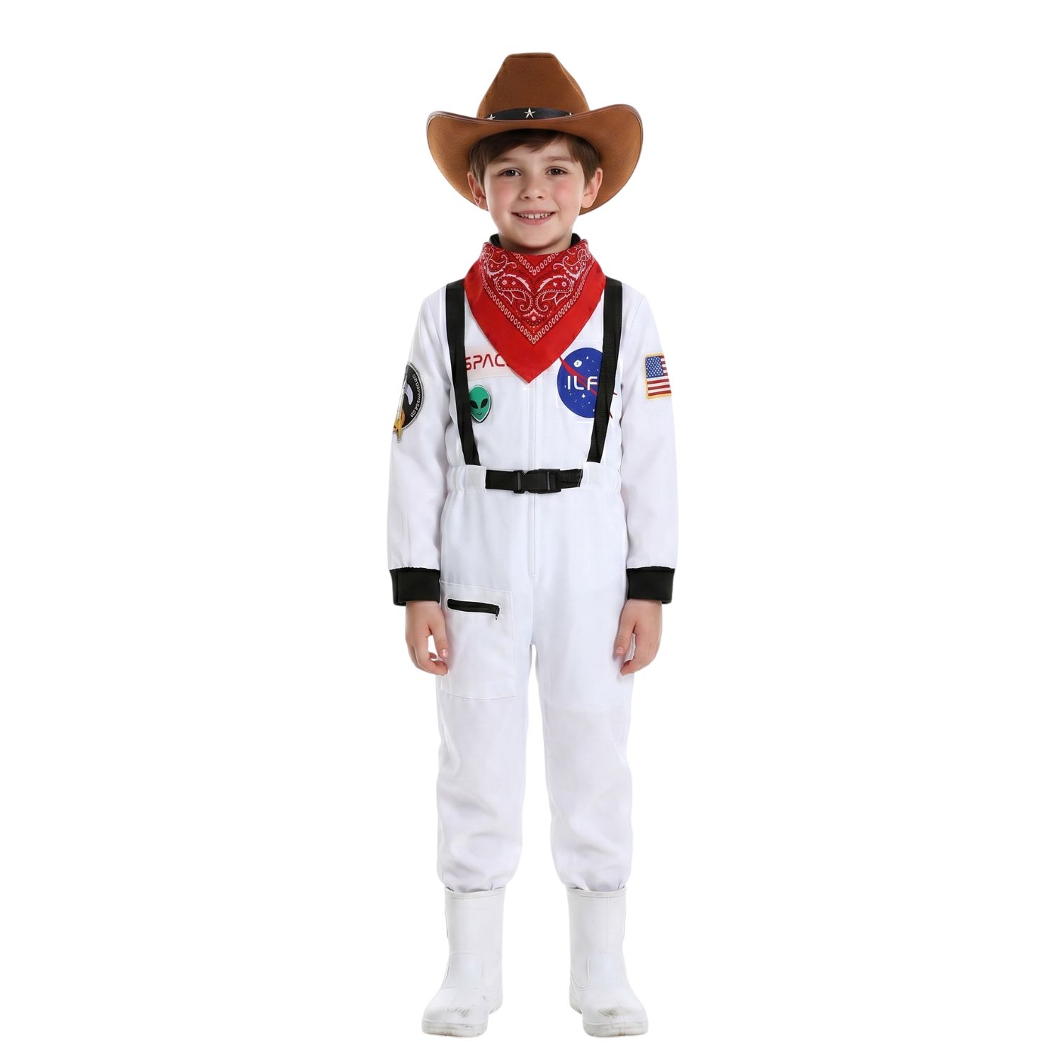 Kids Space Cowboy Costume | 3 Pcs | Space Suit, Brown Star Studded Hat & Red Paisley Bandana