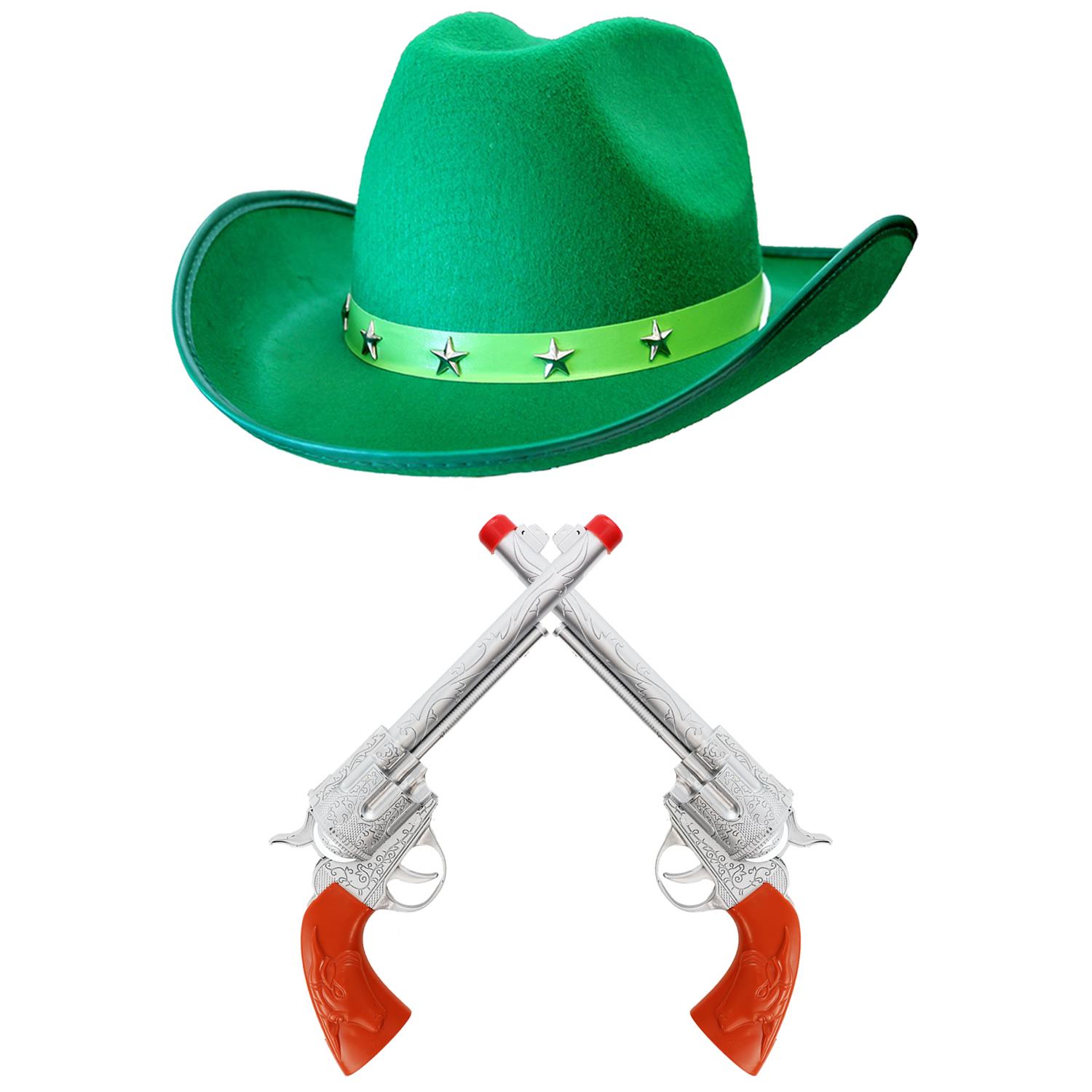 Green Star Studded Cowboy Hat & Plastic Pistol Set
