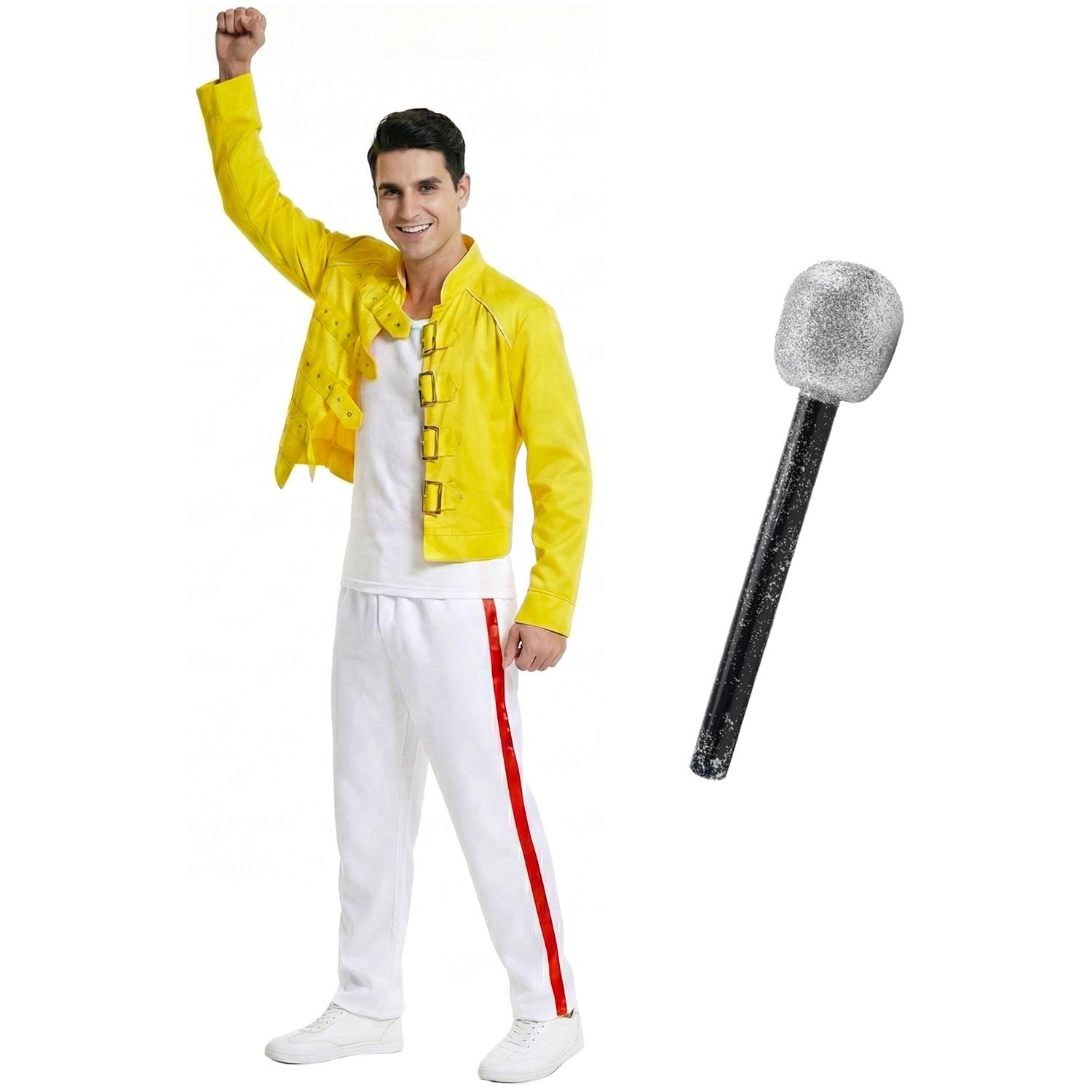 Adults 80's Rock Star Costume Set | 3 Pcs | Yellow Jacket, White Trousers & Mic