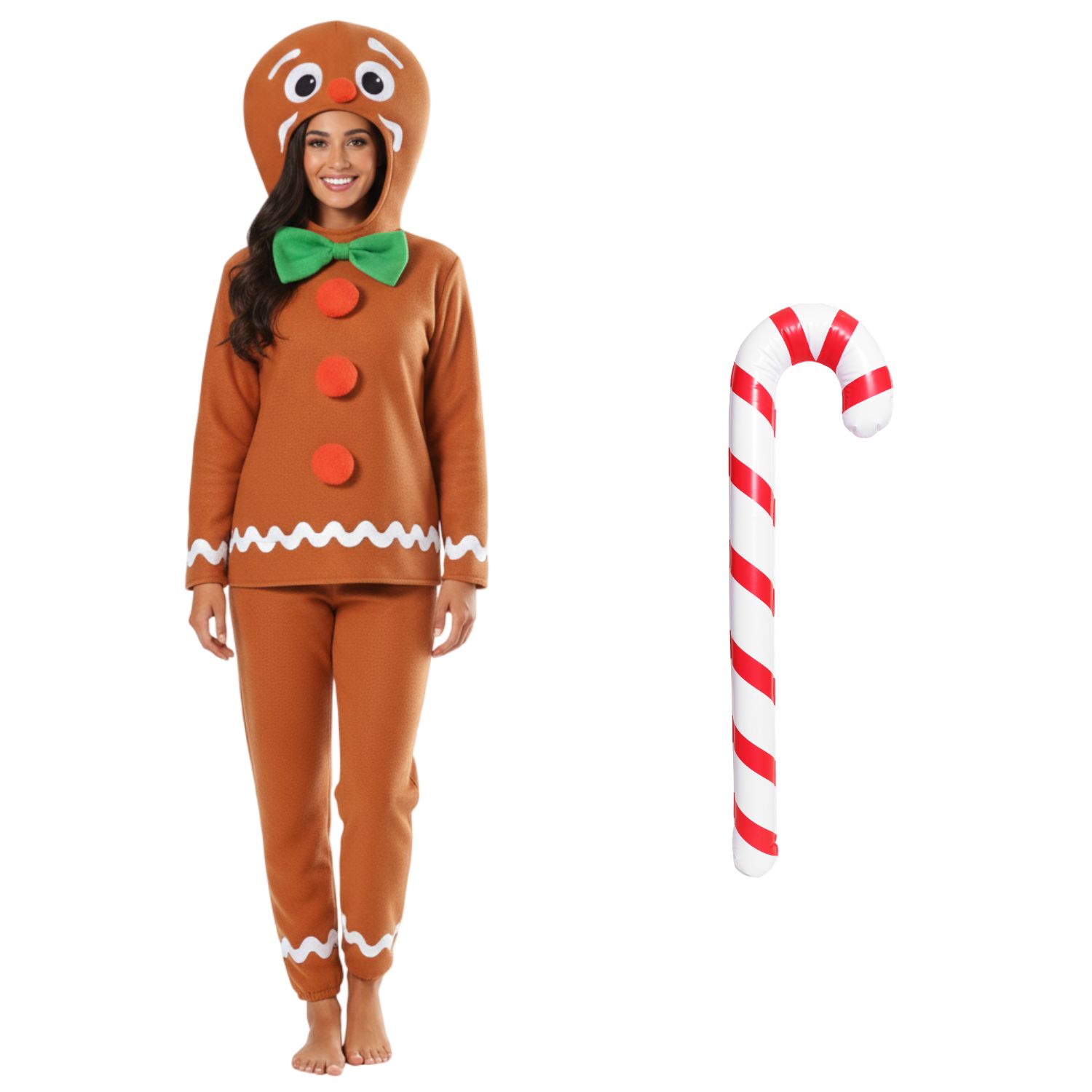 Ladies Gingerbread Man Costume | 3 Pcs | Top, Trousers & Inflatable Candy Cane