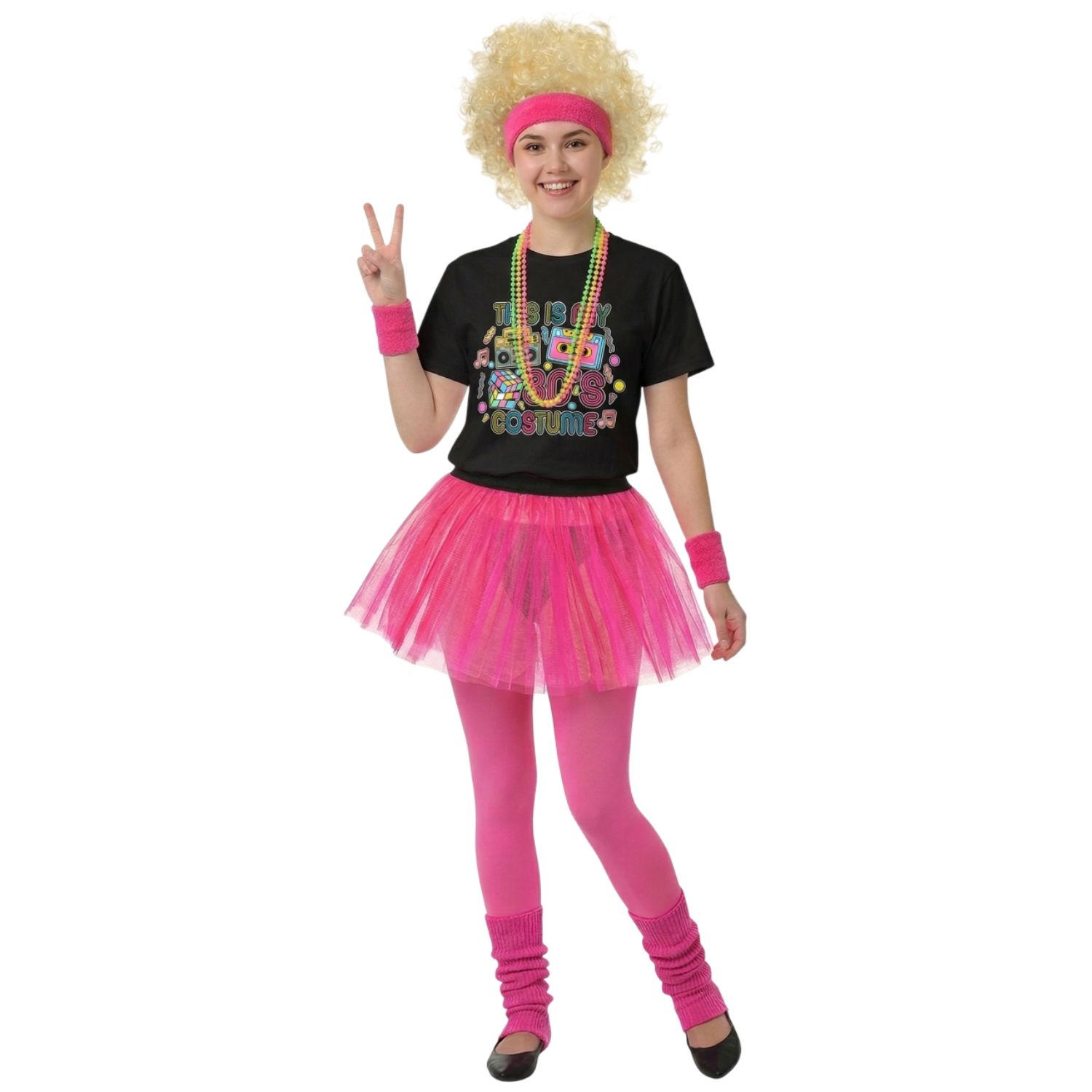 Adults 80’s Costume | 8 Pcs | Black T-Shirt, Tutu, Beaded Necklace, Blonde Afro Wig, Tights, Leg Warmers & Sweat Bands