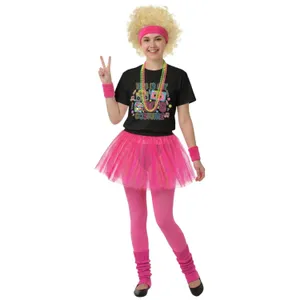 Adults 80’s Costume | 8 Pcs | Black T-Shirt, Tutu, Beaded Necklace, Blonde Afro Wig, Tights, Leg Warmers & Sweat Bands